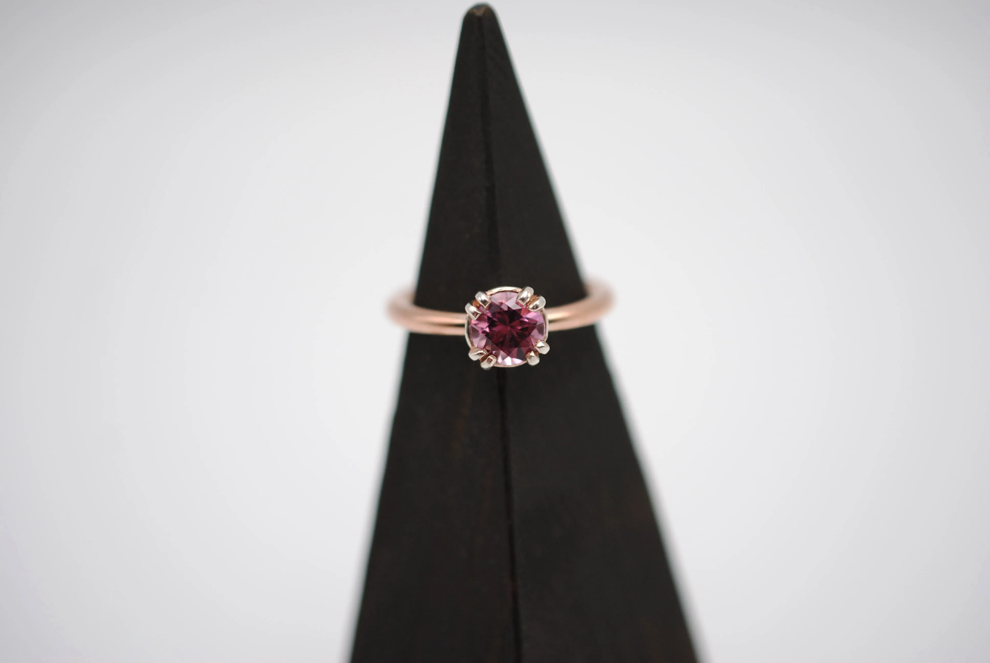 Malaia Garnet: Round Cut, Rose Gold Fill Band, Silver Double Prong Setting