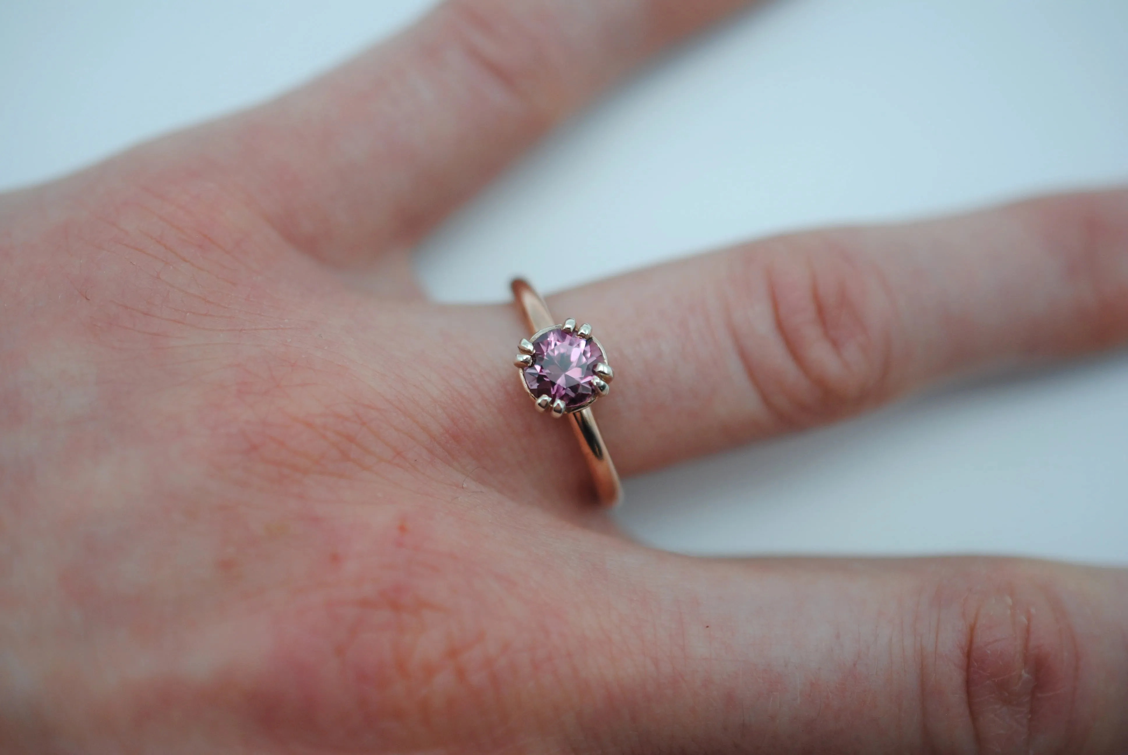 Malaia Garnet: Round Cut, Rose Gold Fill Band, Silver Double Prong Setting