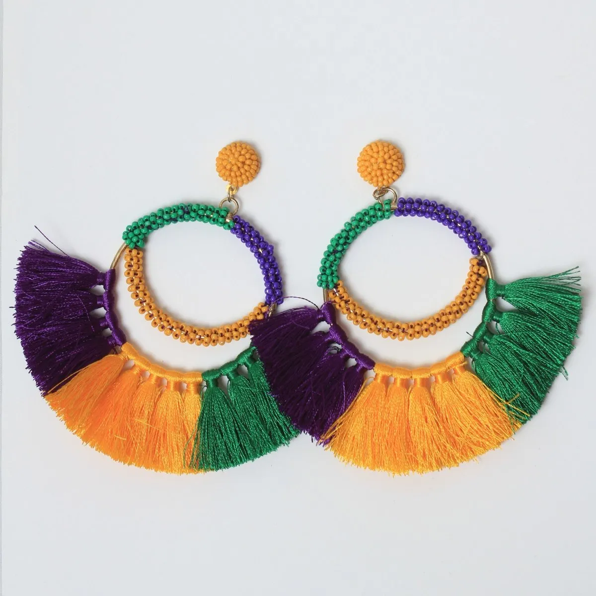 Mardi Gras Tassel Hoop Earrings with Beaded Detail