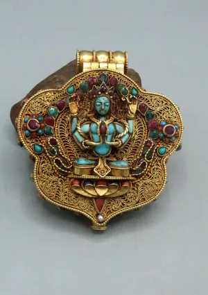 Masterpiece Hand Carved Gold Plated Chenrezig Ghau Pendant with Inlaid Turquoise and Ruby