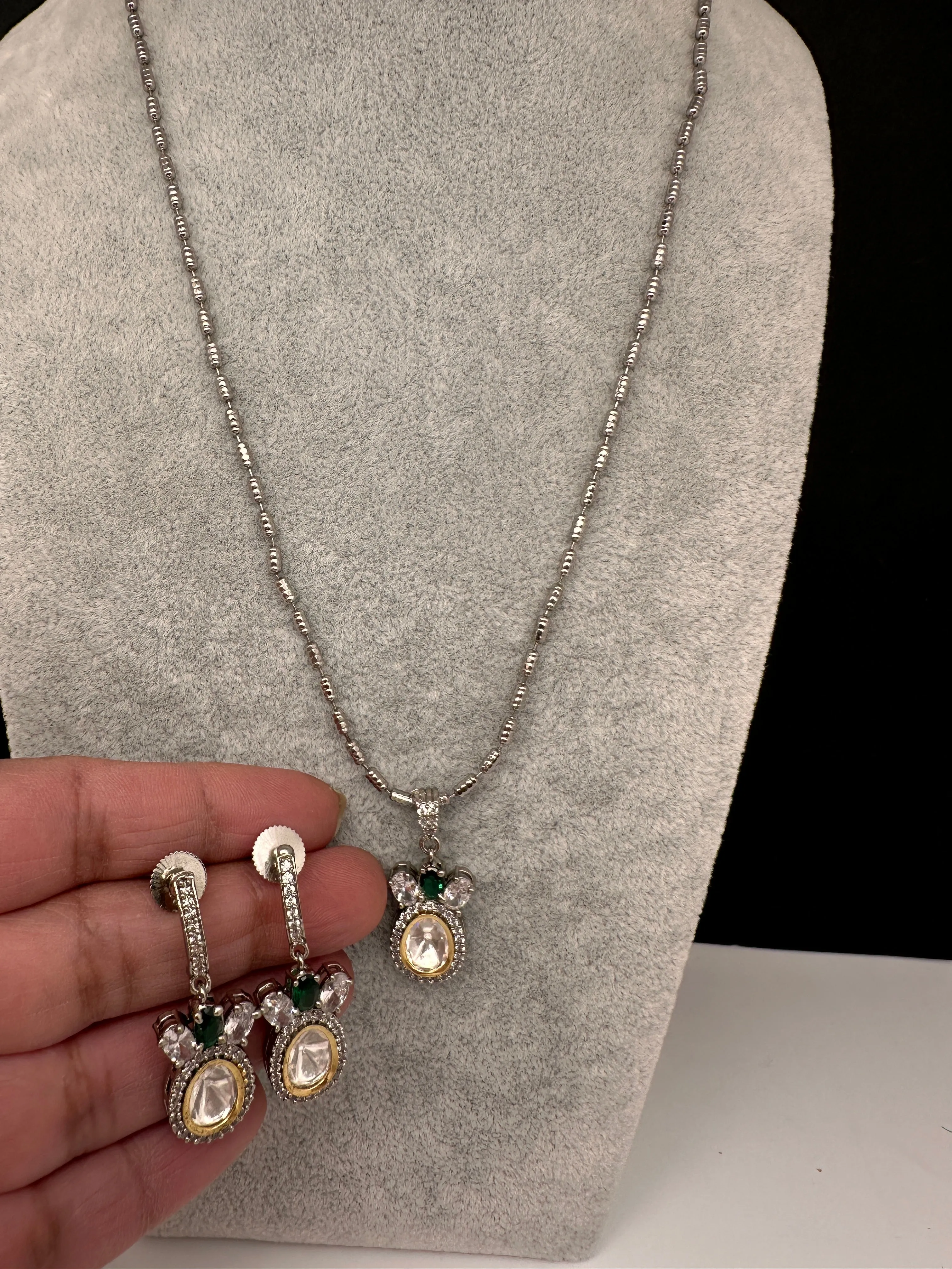 Moissanite AD Pendent Set Dainty Silver Chain Necklace