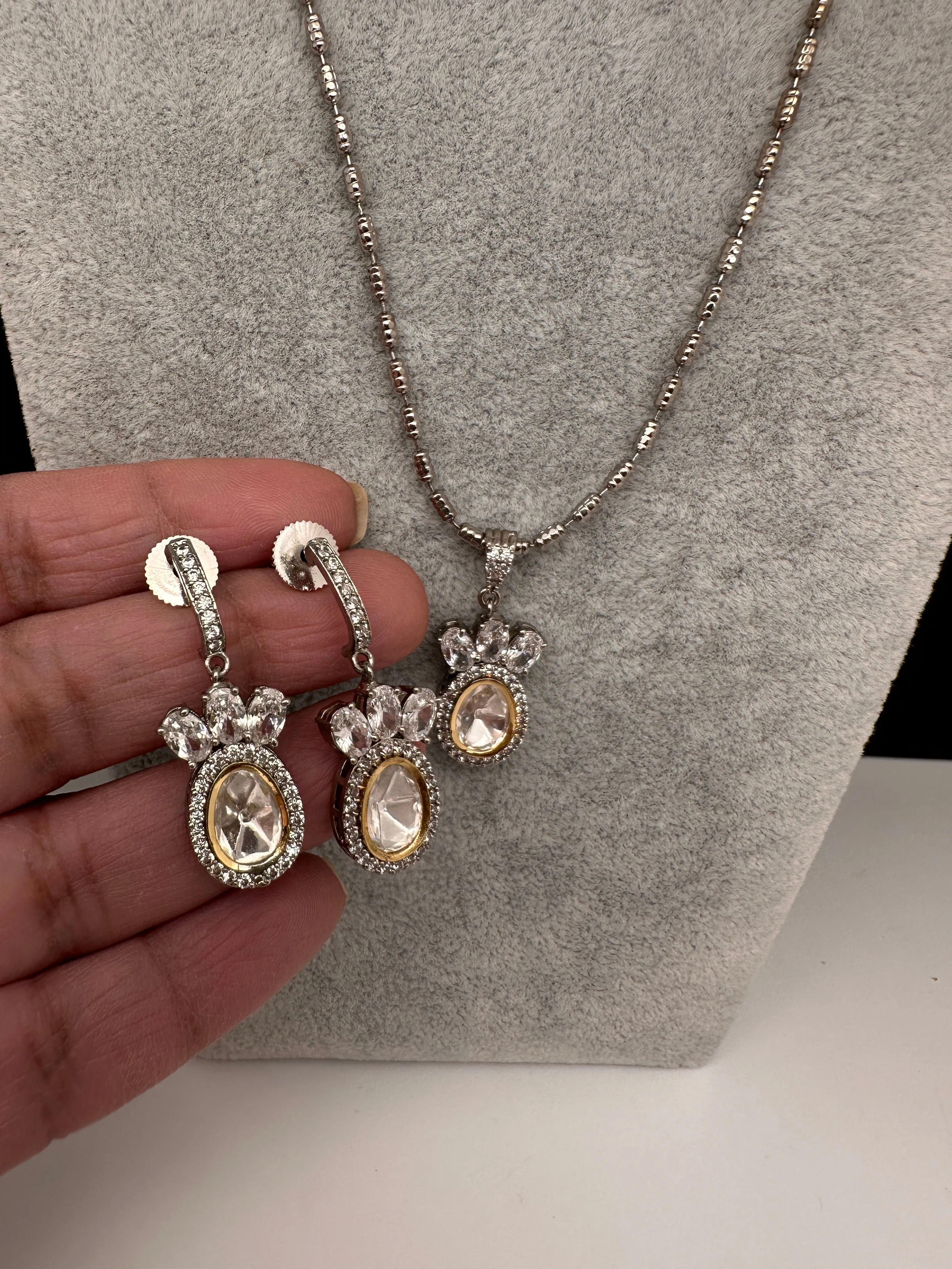 Moissanite AD Pendent Set Dainty Silver Chain Necklace