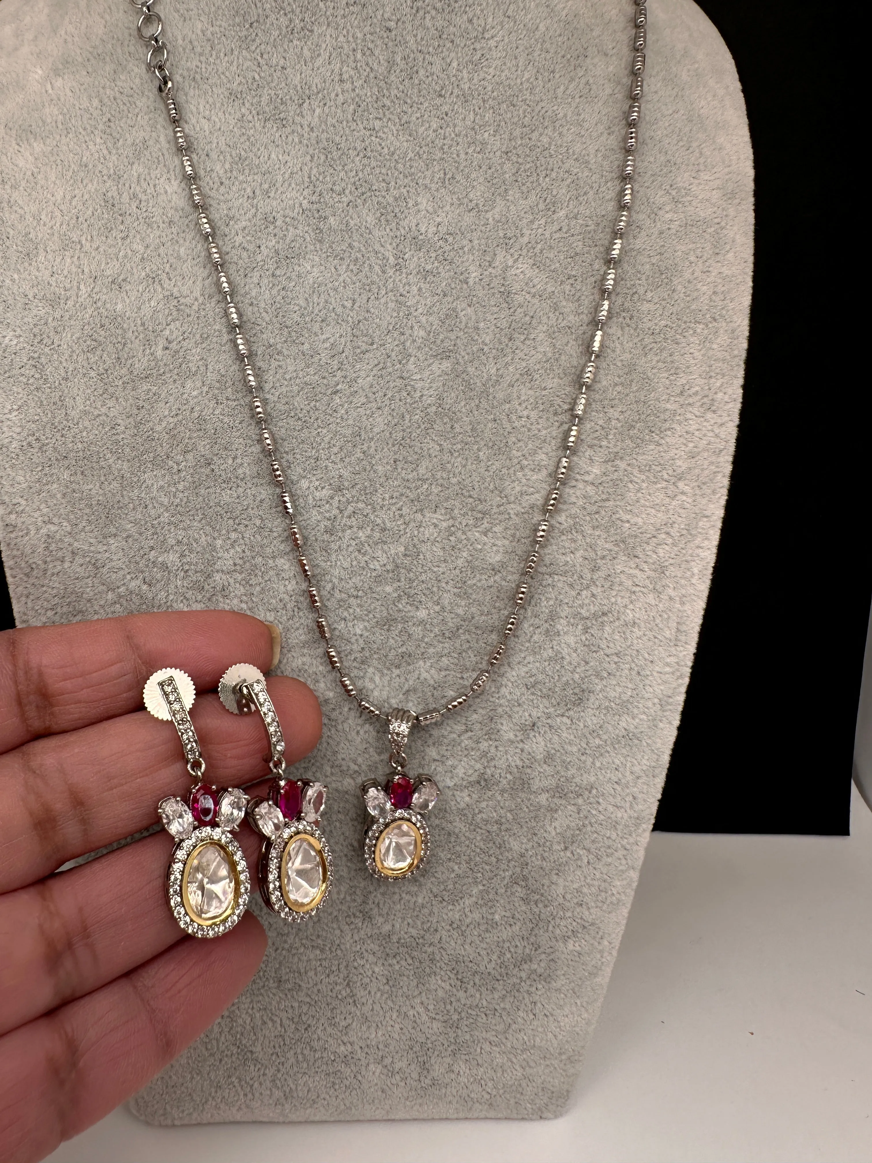 Moissanite AD Pendent Set Dainty Silver Chain Necklace
