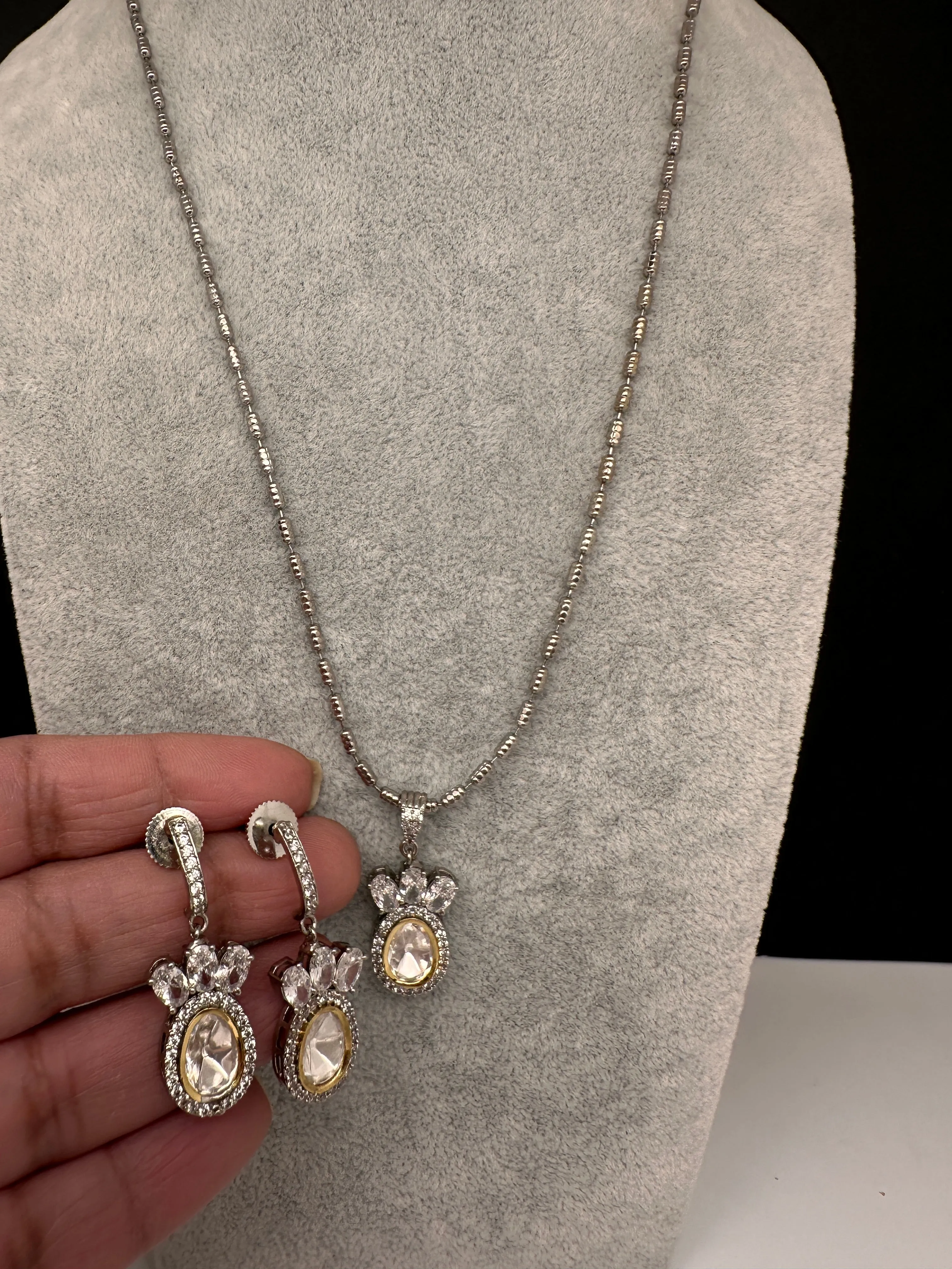 Moissanite AD Pendent Set Dainty Silver Chain Necklace
