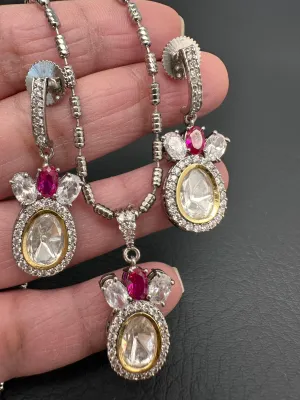 Moissanite AD Pendent Set Dainty Silver Chain Necklace