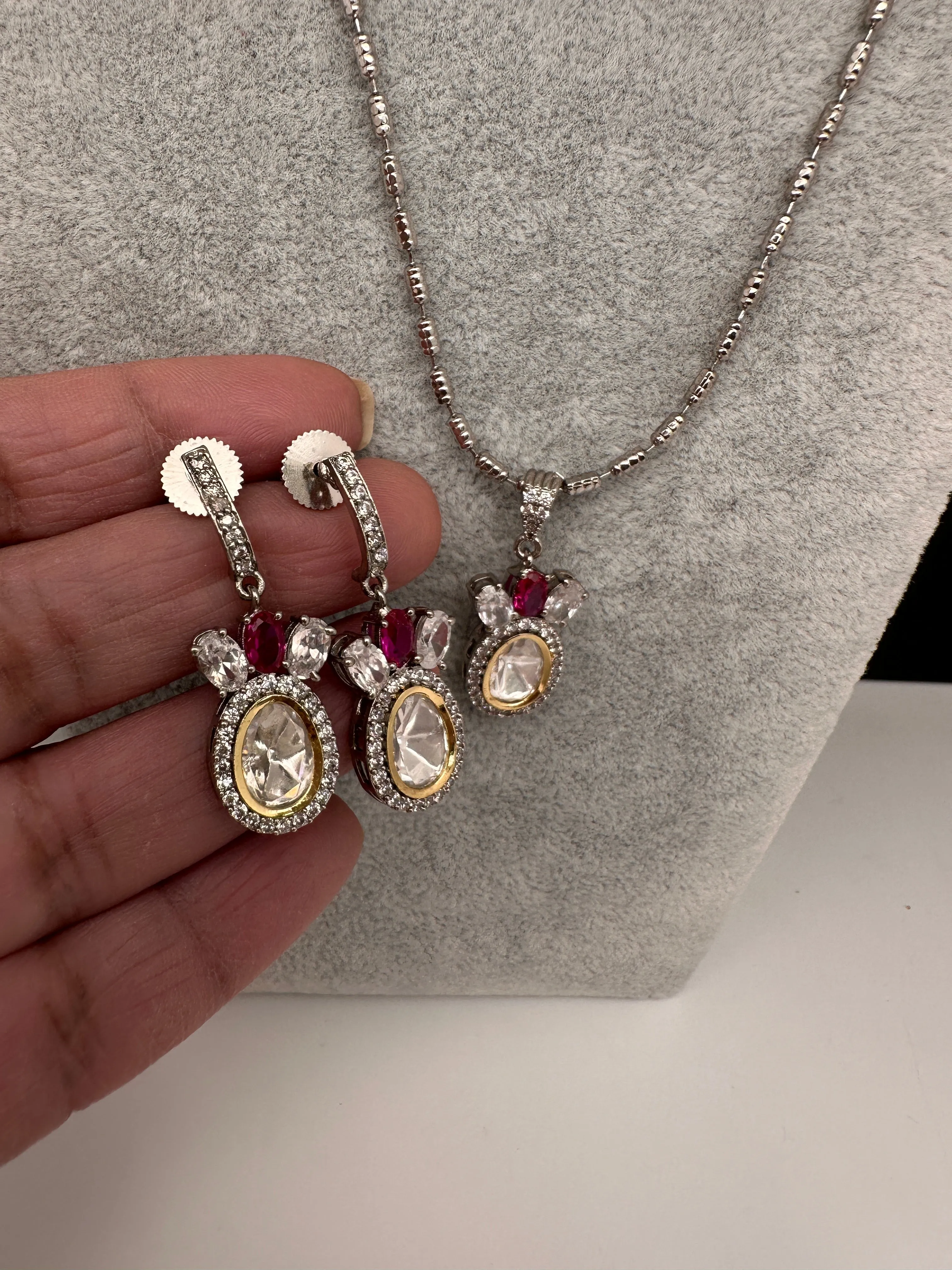 Moissanite AD Pendent Set Dainty Silver Chain Necklace
