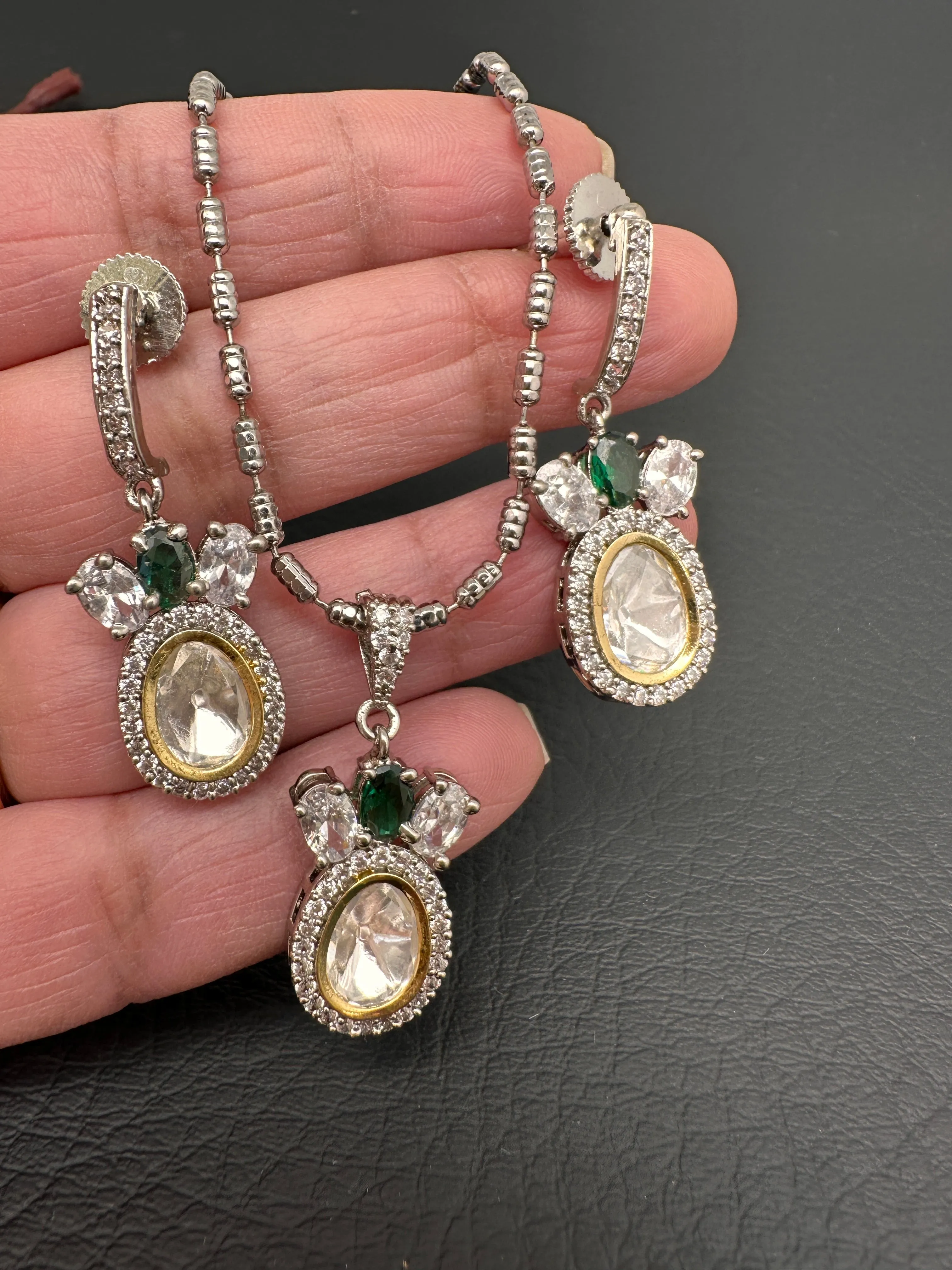 Moissanite AD Pendent Set Dainty Silver Chain Necklace