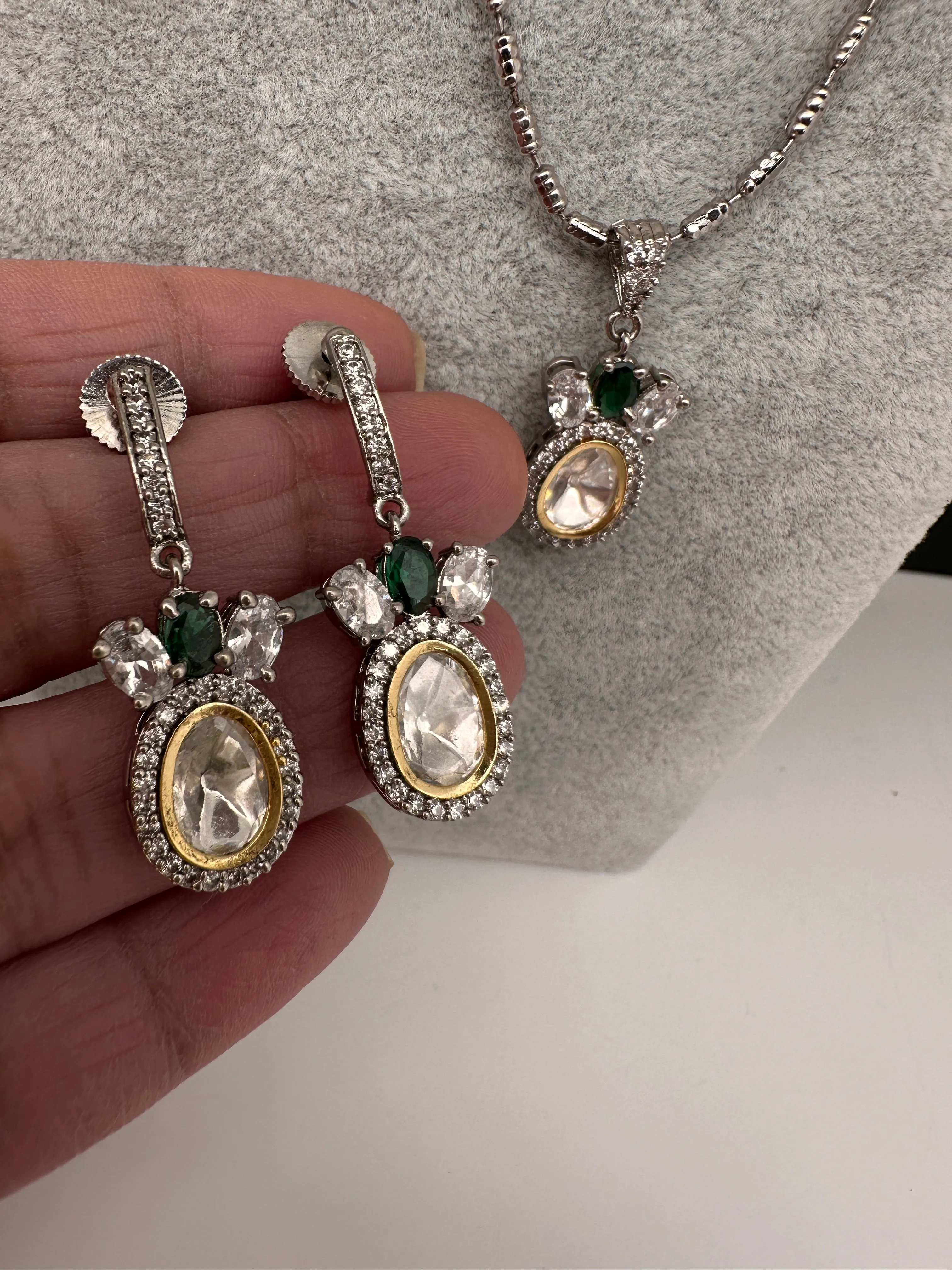Moissanite AD Pendent Set Dainty Silver Chain Necklace