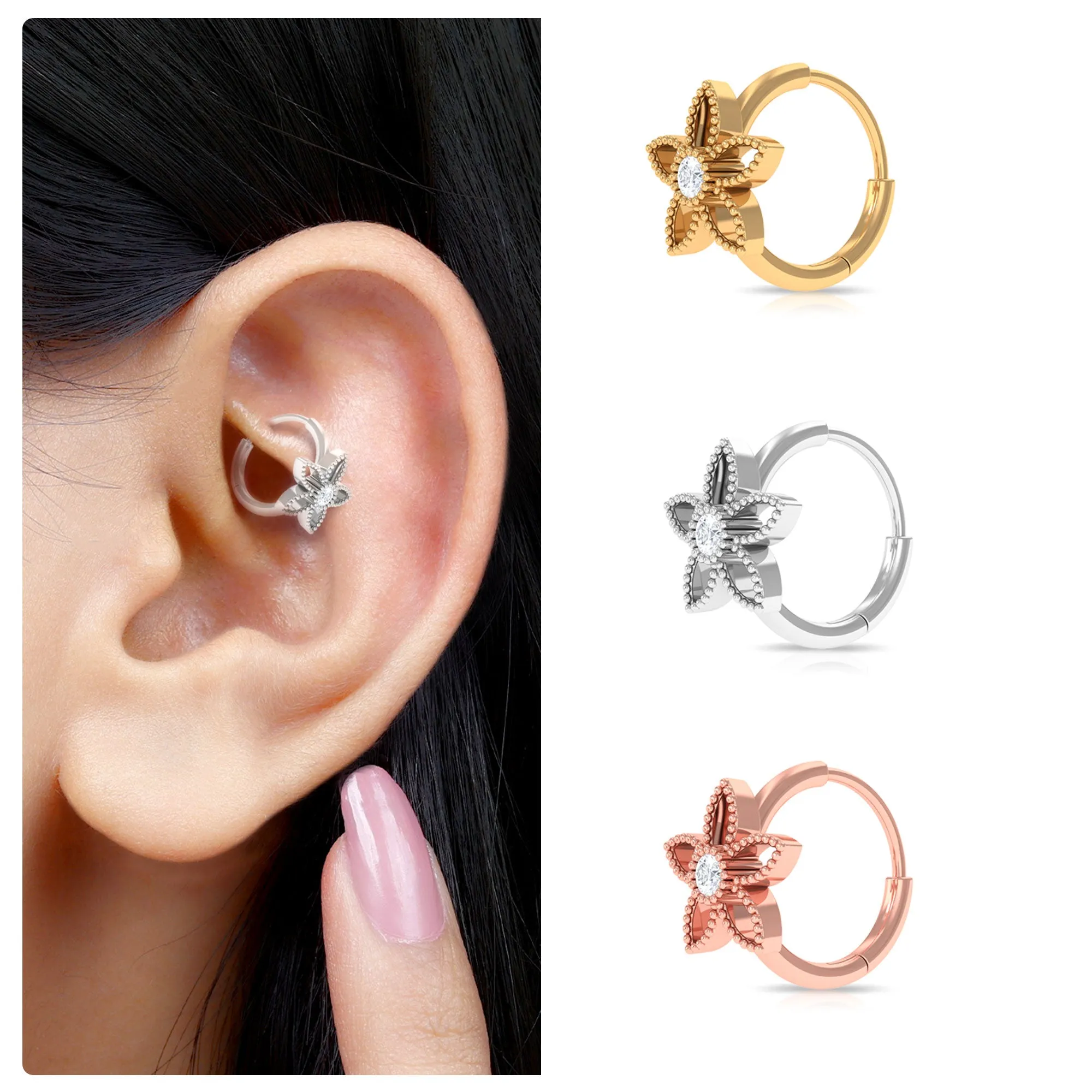 Moissanite Flower Conch Hoop Earring with Gold Beads