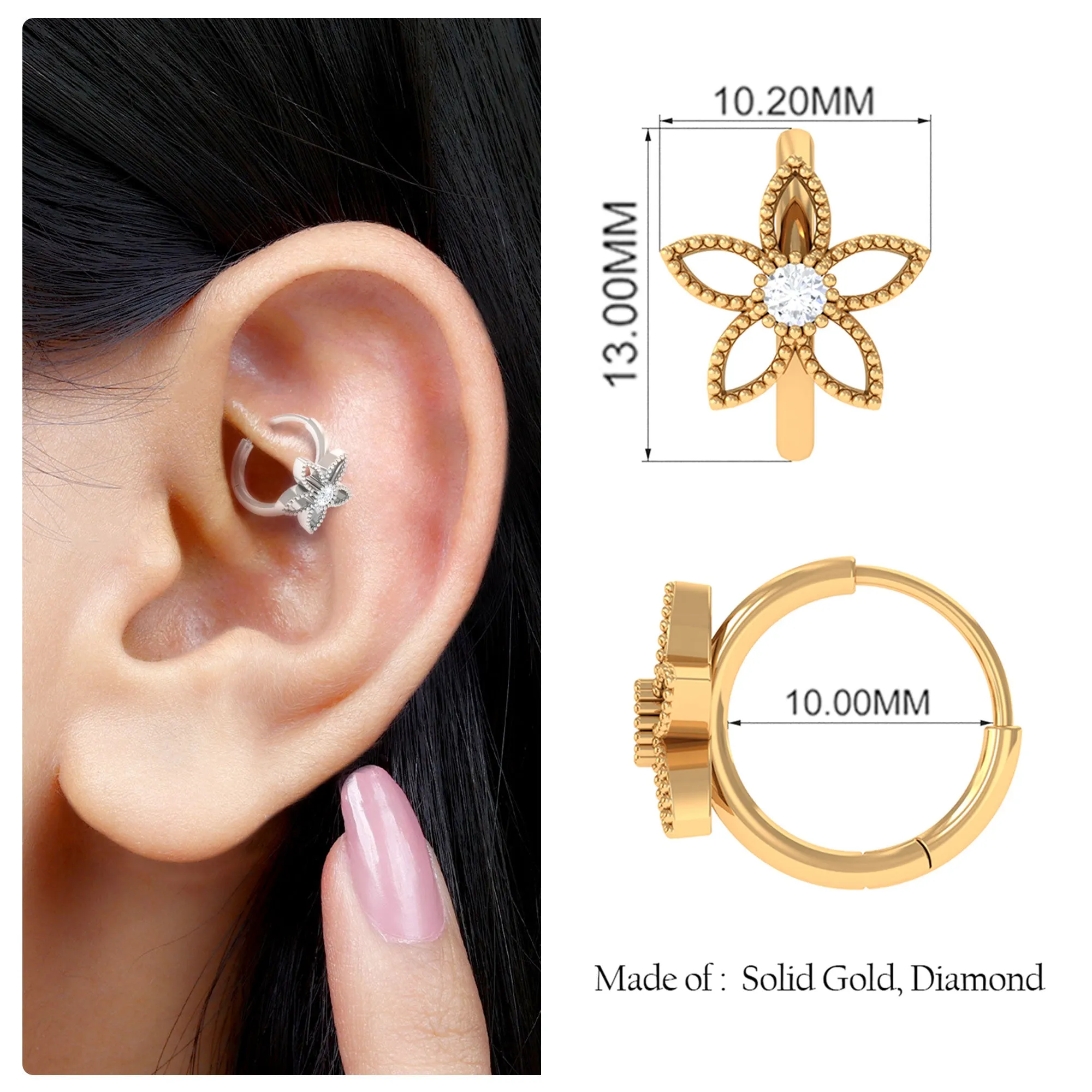 Moissanite Flower Conch Hoop Earring with Gold Beads