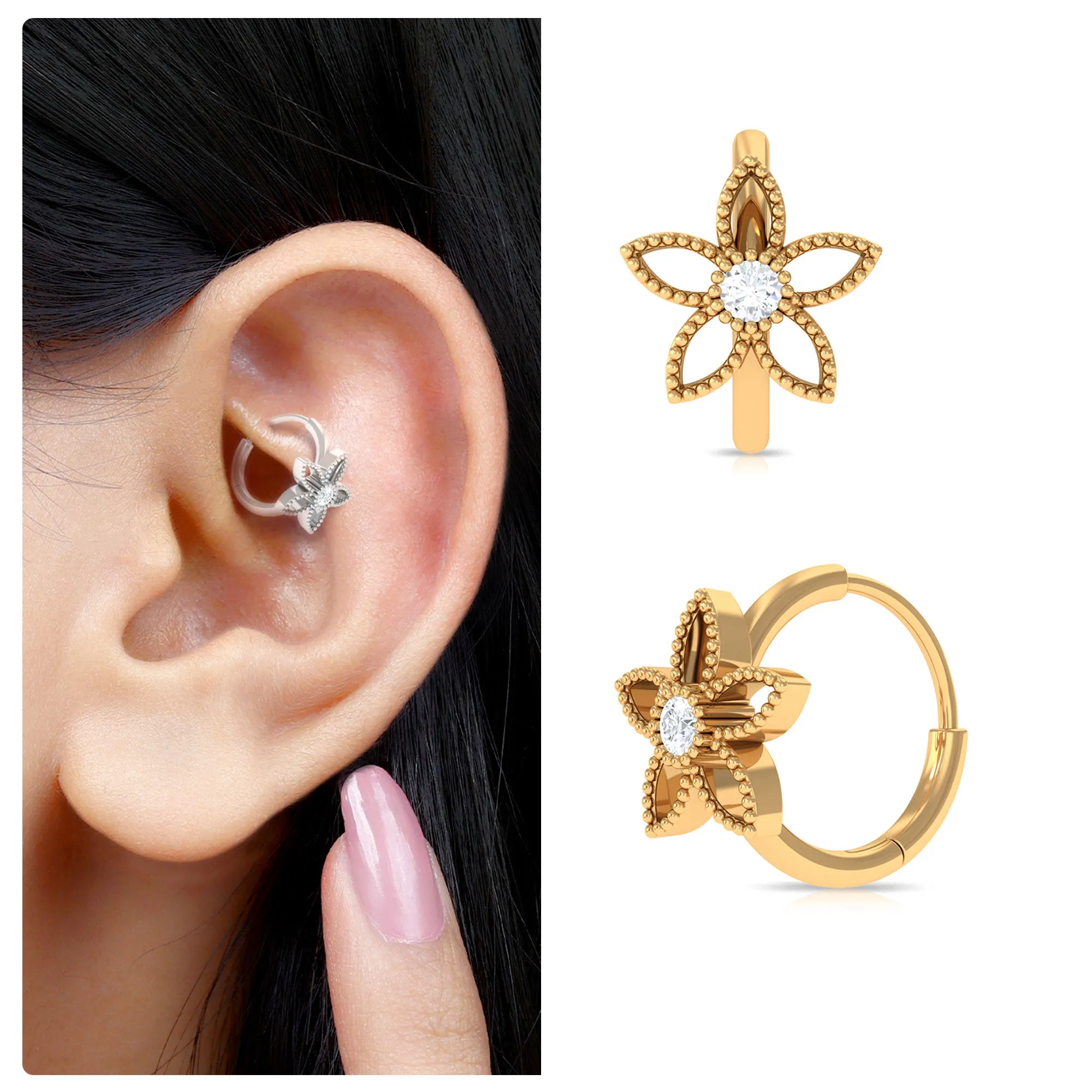 Moissanite Flower Conch Hoop Earring with Gold Beads