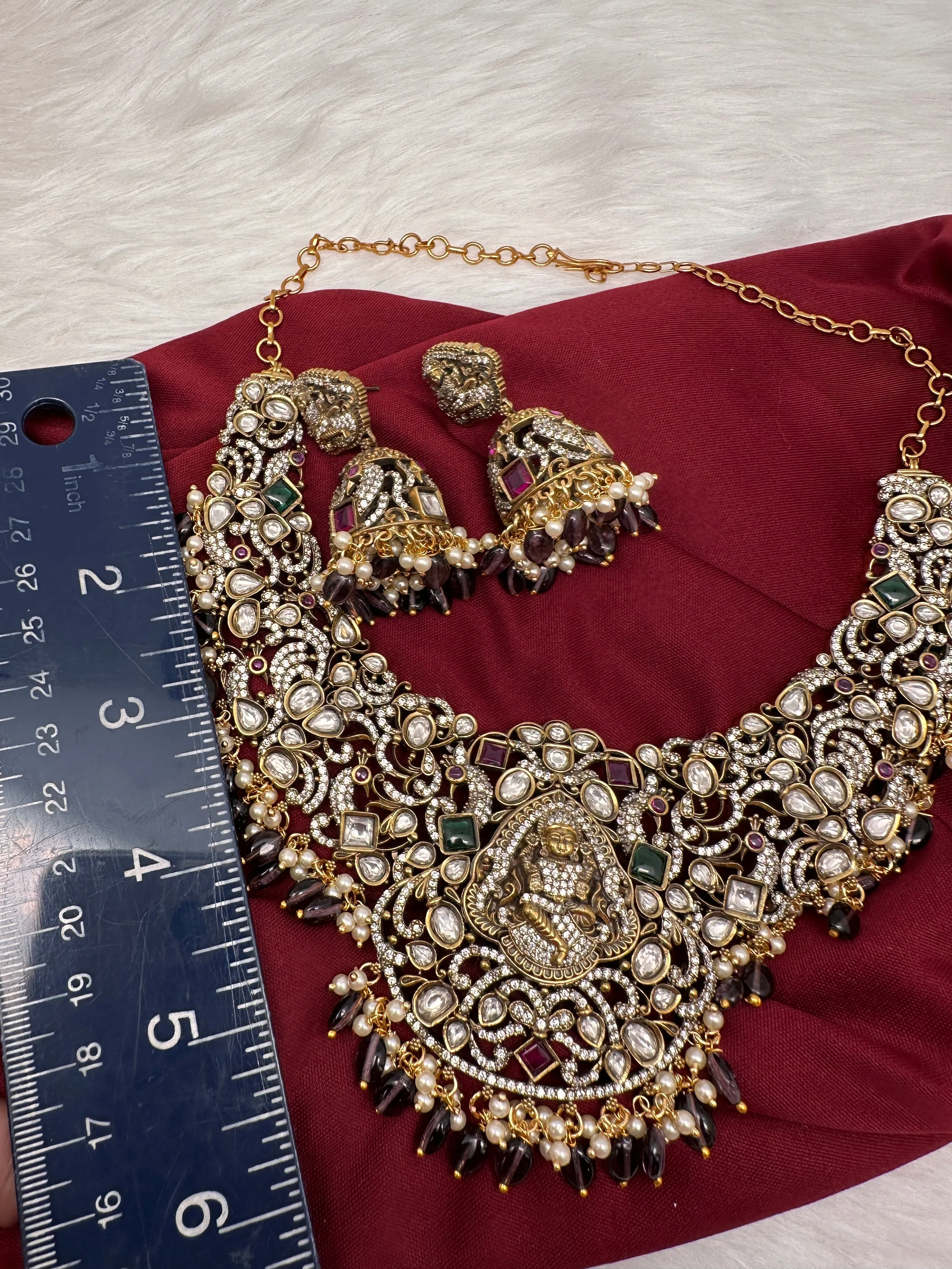 Moissanite Victorian Goddess Lakshmi Necklace with Amethyst Beads