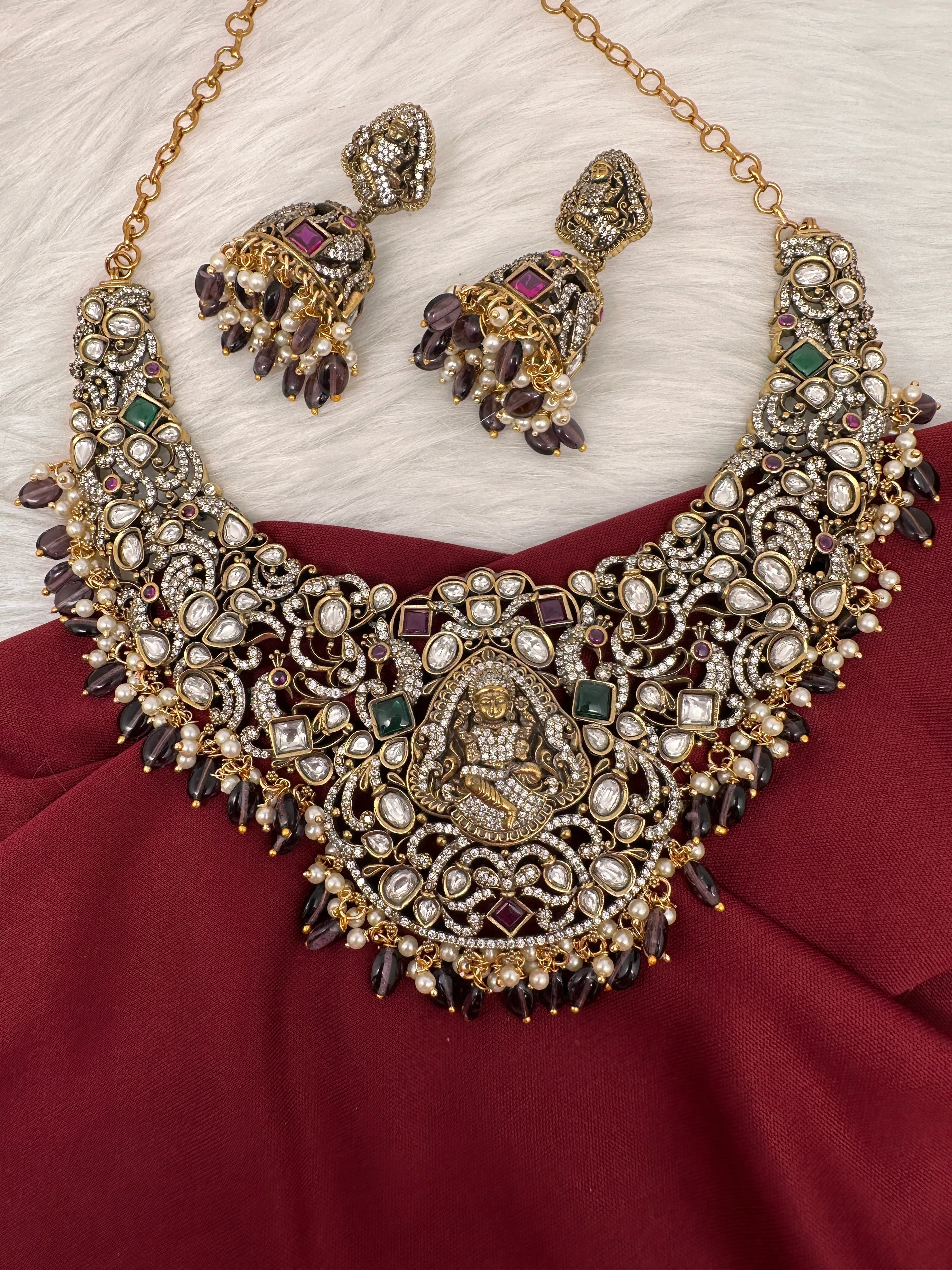 Moissanite Victorian Goddess Lakshmi Necklace with Amethyst Beads