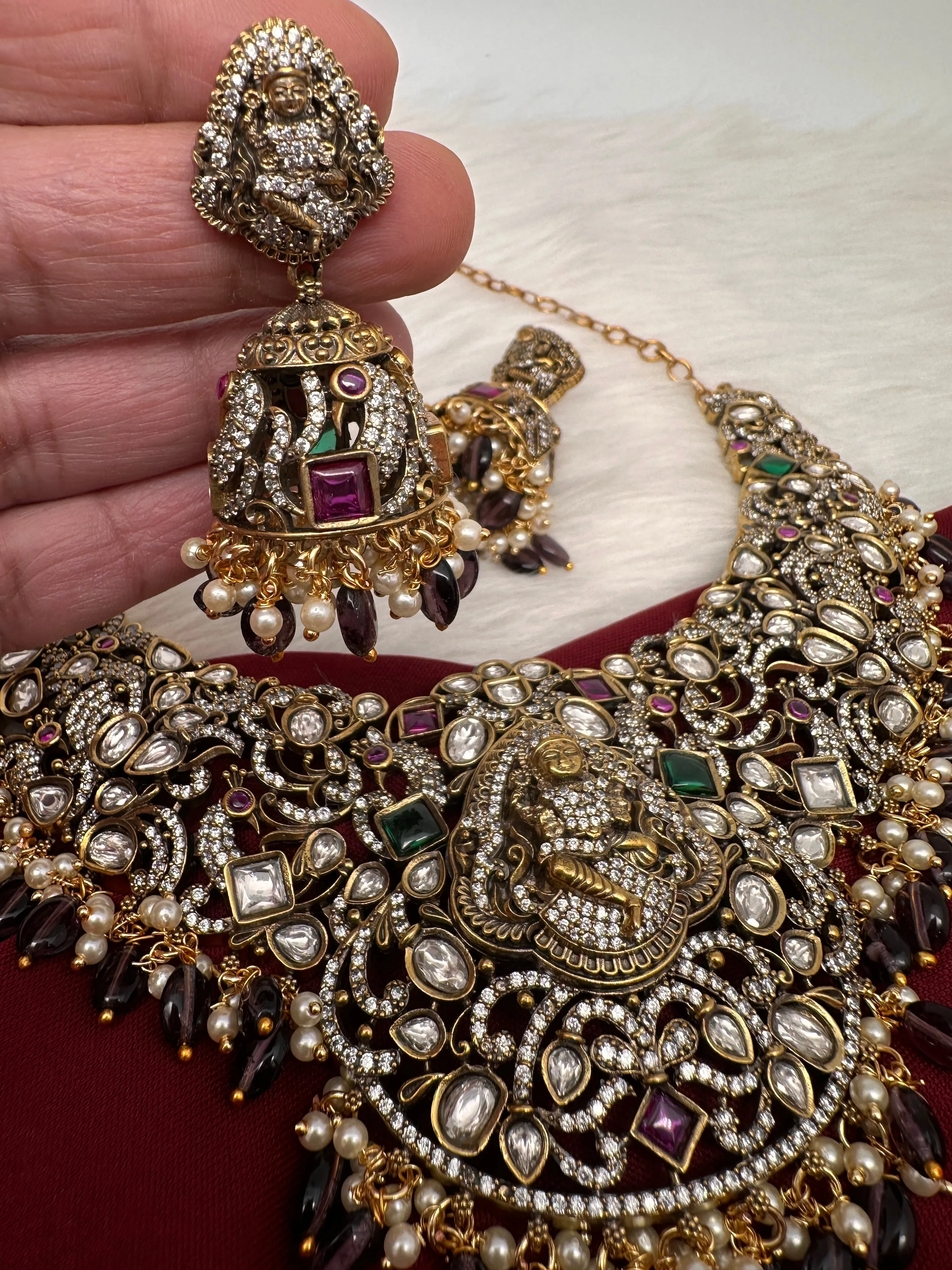Moissanite Victorian Goddess Lakshmi Necklace with Amethyst Beads
