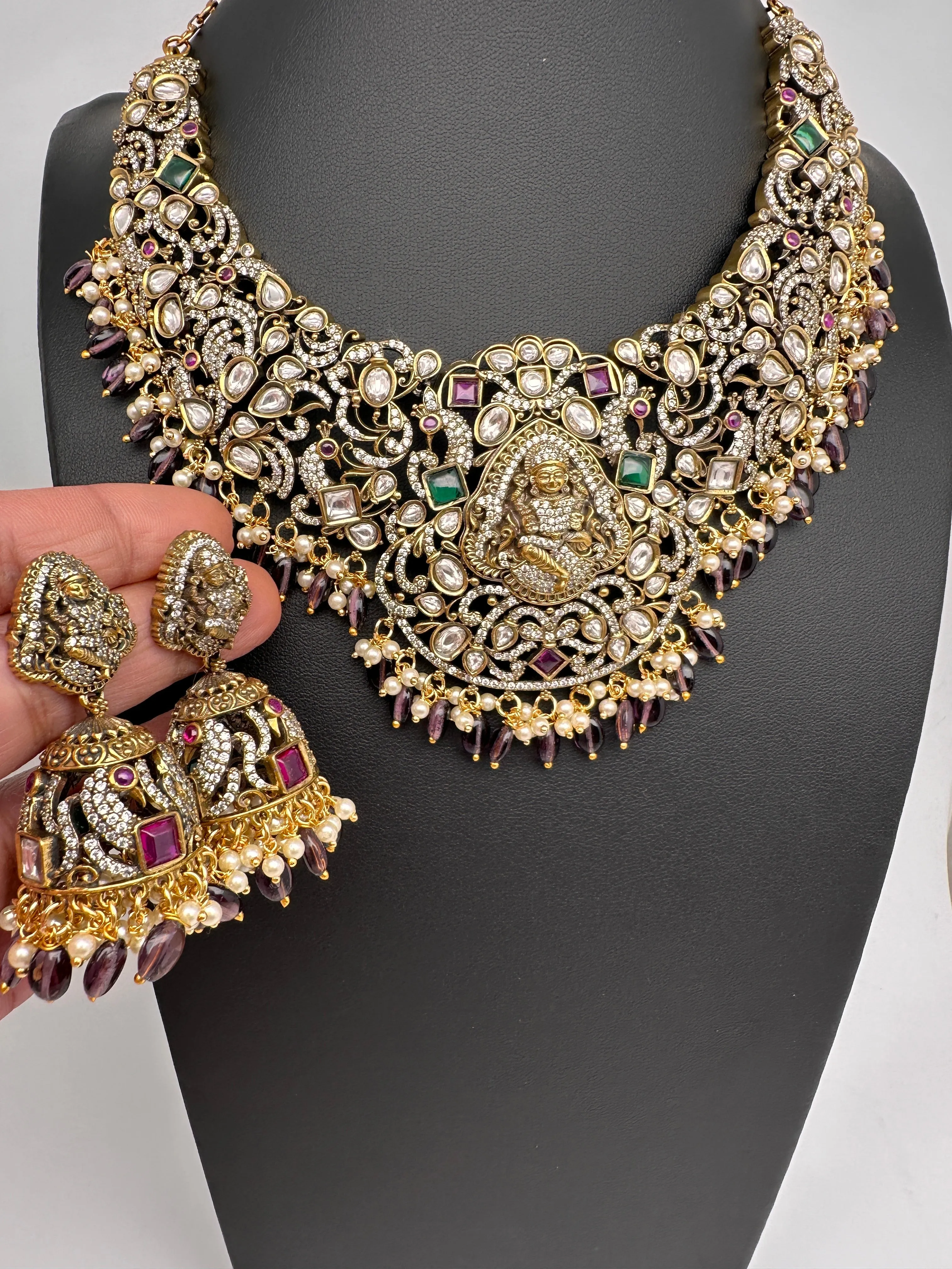 Moissanite Victorian Goddess Lakshmi Necklace with Amethyst Beads