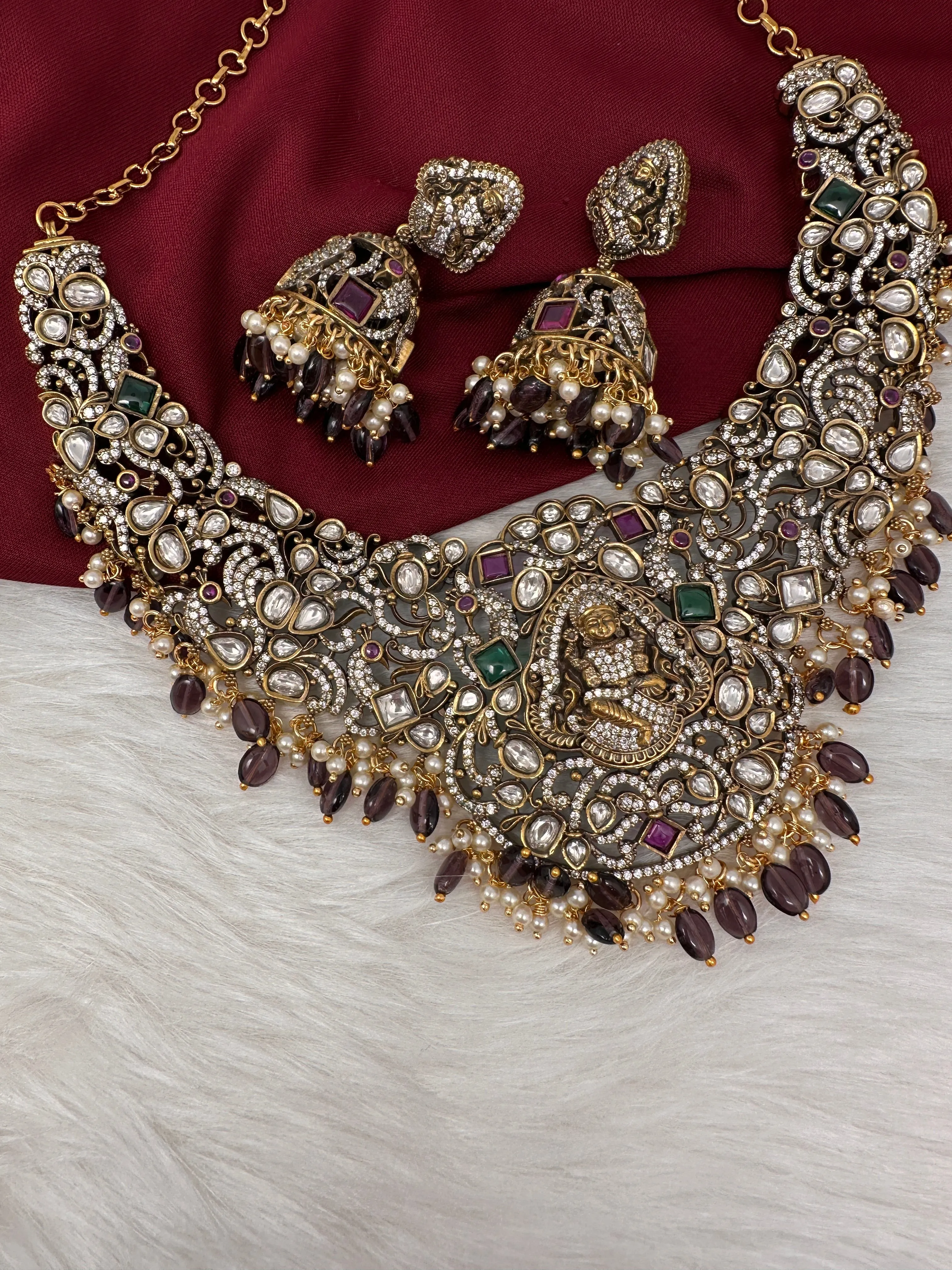 Moissanite Victorian Goddess Lakshmi Necklace with Amethyst Beads