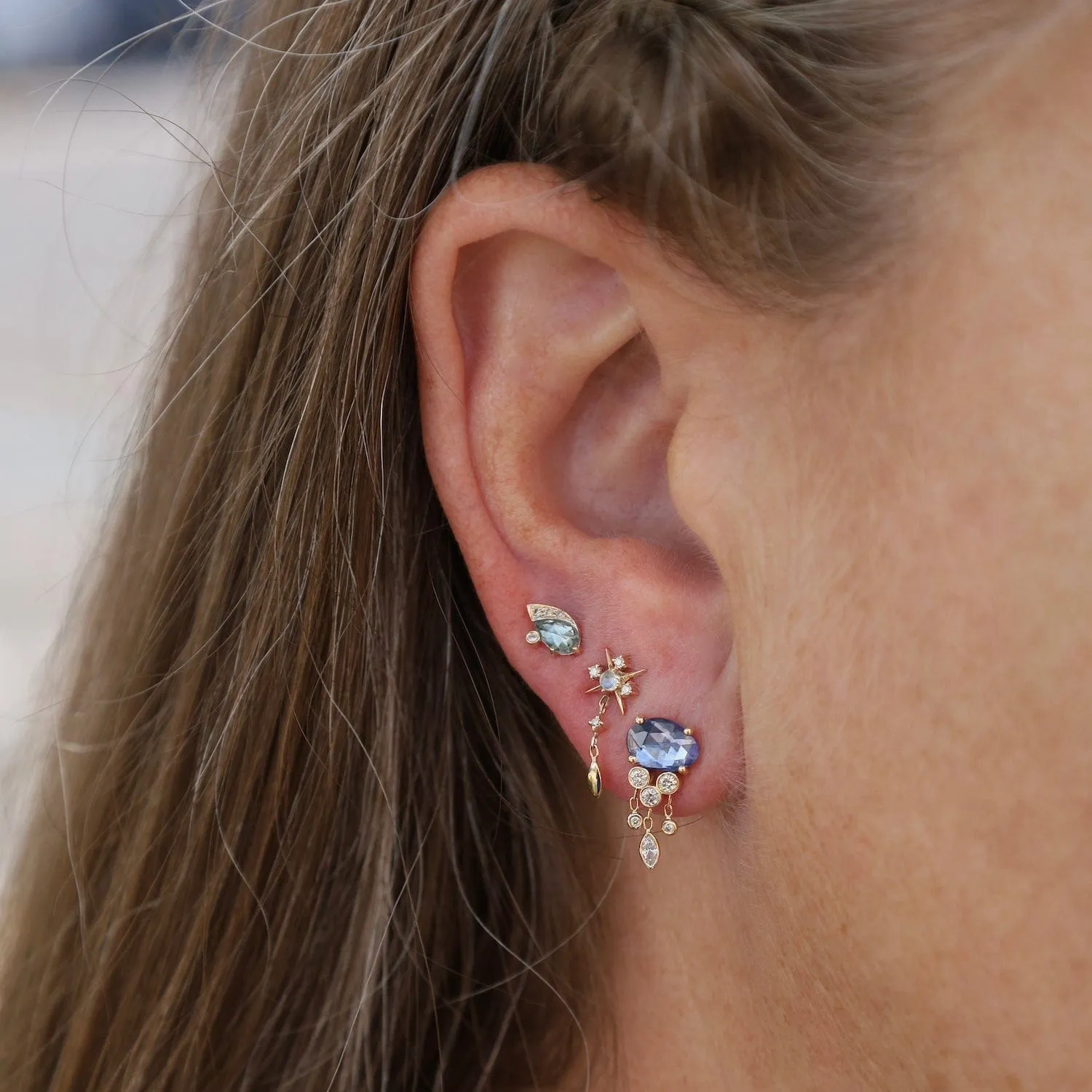 Moonstone & Diamonds Starburst Single Earring - SOLD AS A SINGLE