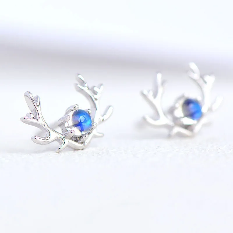 Moonstone Elk shaped Stud Earrings in White Gold Plated Sterling Silver Jewelry Accessories Women