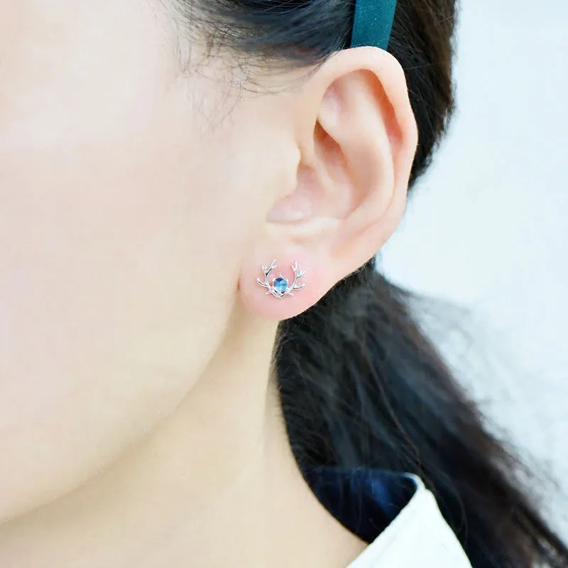 Moonstone Elk shaped Stud Earrings in White Gold Plated Sterling Silver Jewelry Accessories Women