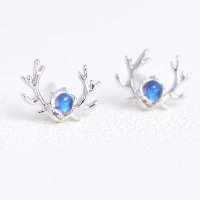 Moonstone Elk shaped Stud Earrings in White Gold Plated Sterling Silver Jewelry Accessories Women