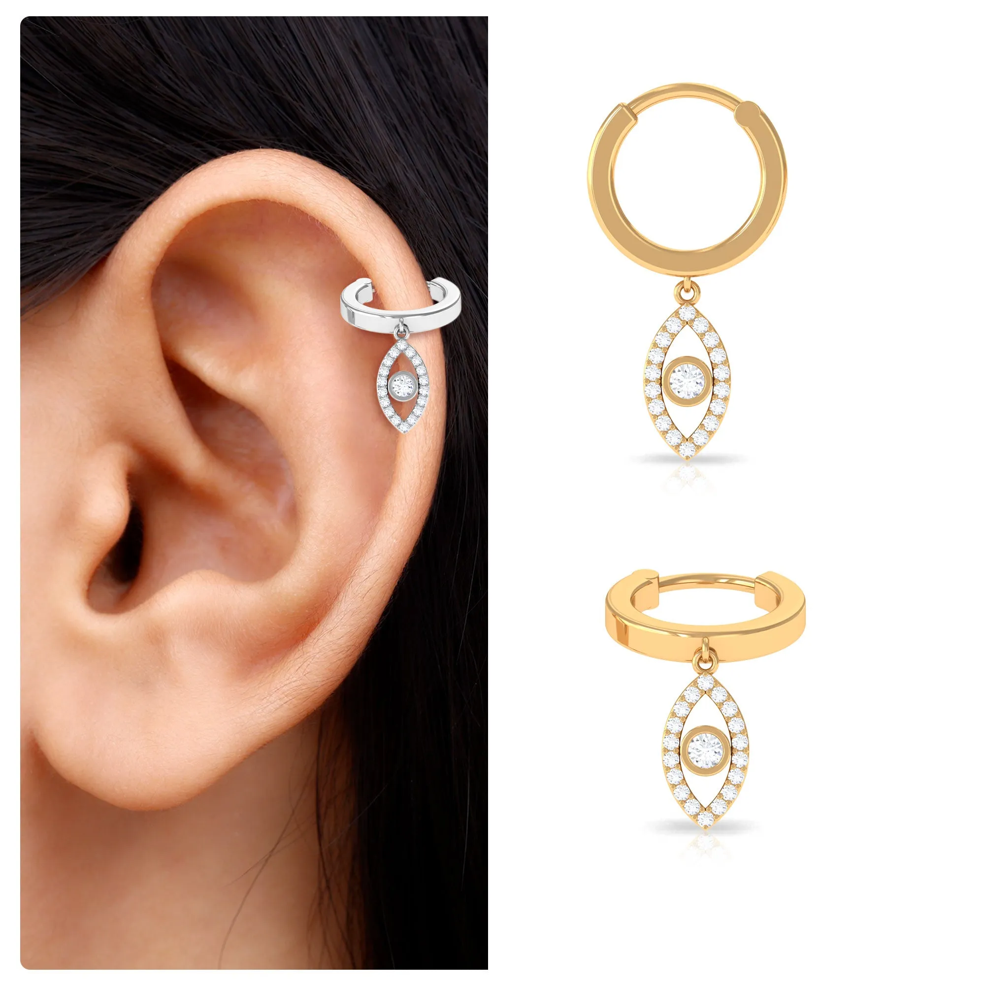 Natural Diamond Evil Eye Dangling Helix Hoop Earring