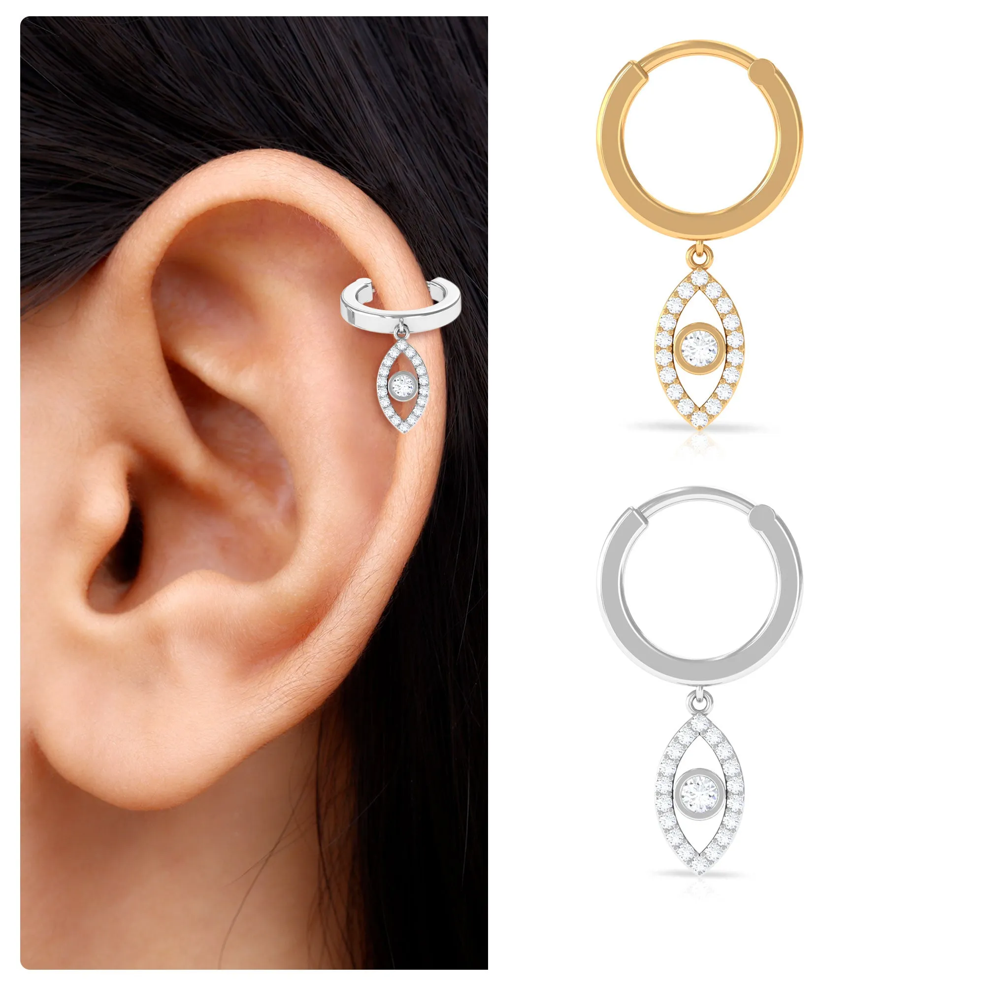 Natural Diamond Evil Eye Dangling Helix Hoop Earring
