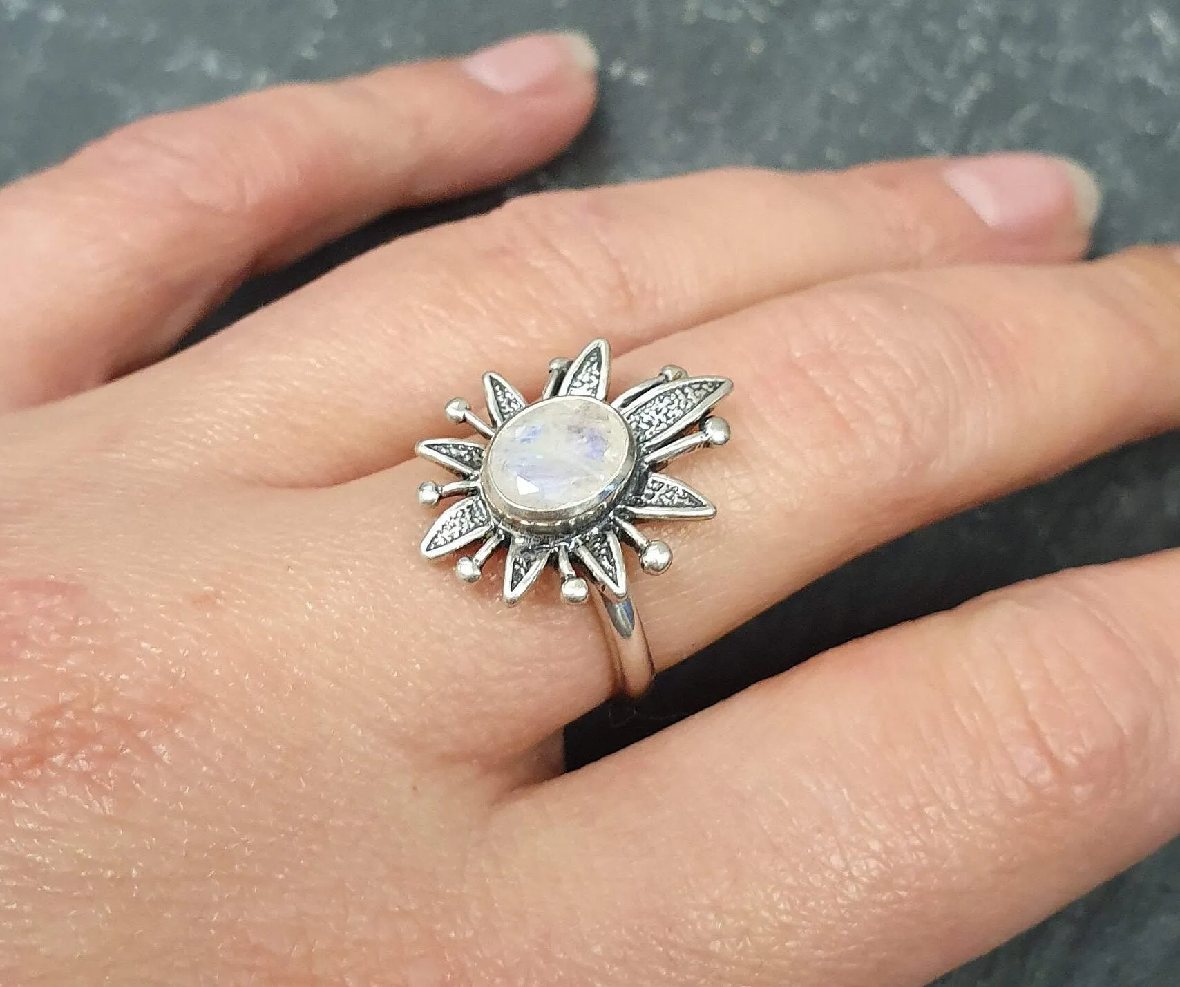 Natural Moonstone Ring - White Flower Ring - Vintage Statement Ring