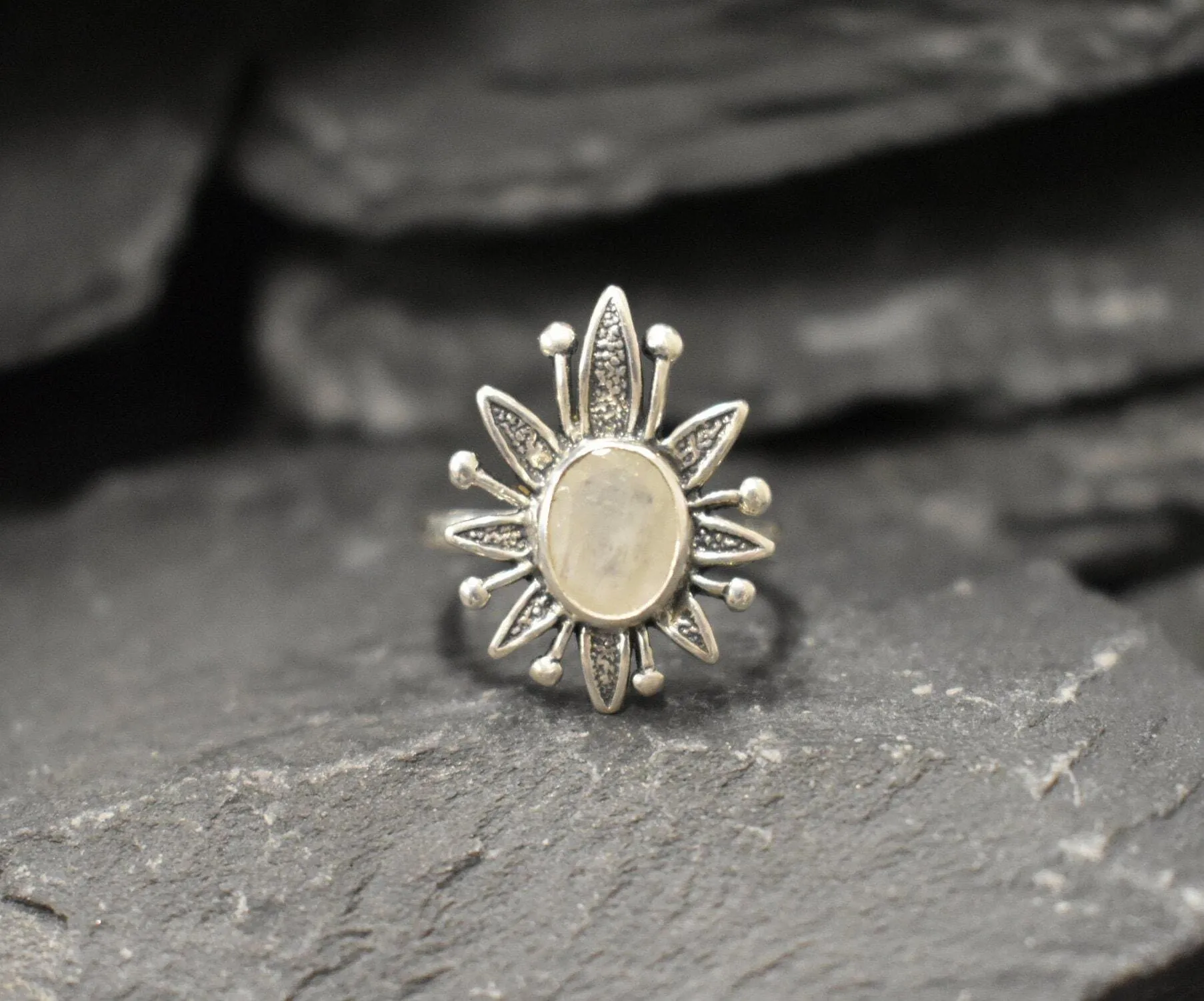 Natural Moonstone Ring - White Flower Ring - Vintage Statement Ring