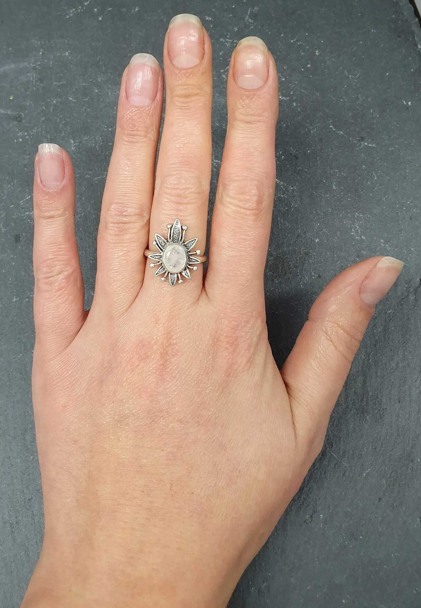 Natural Moonstone Ring - White Flower Ring - Vintage Statement Ring