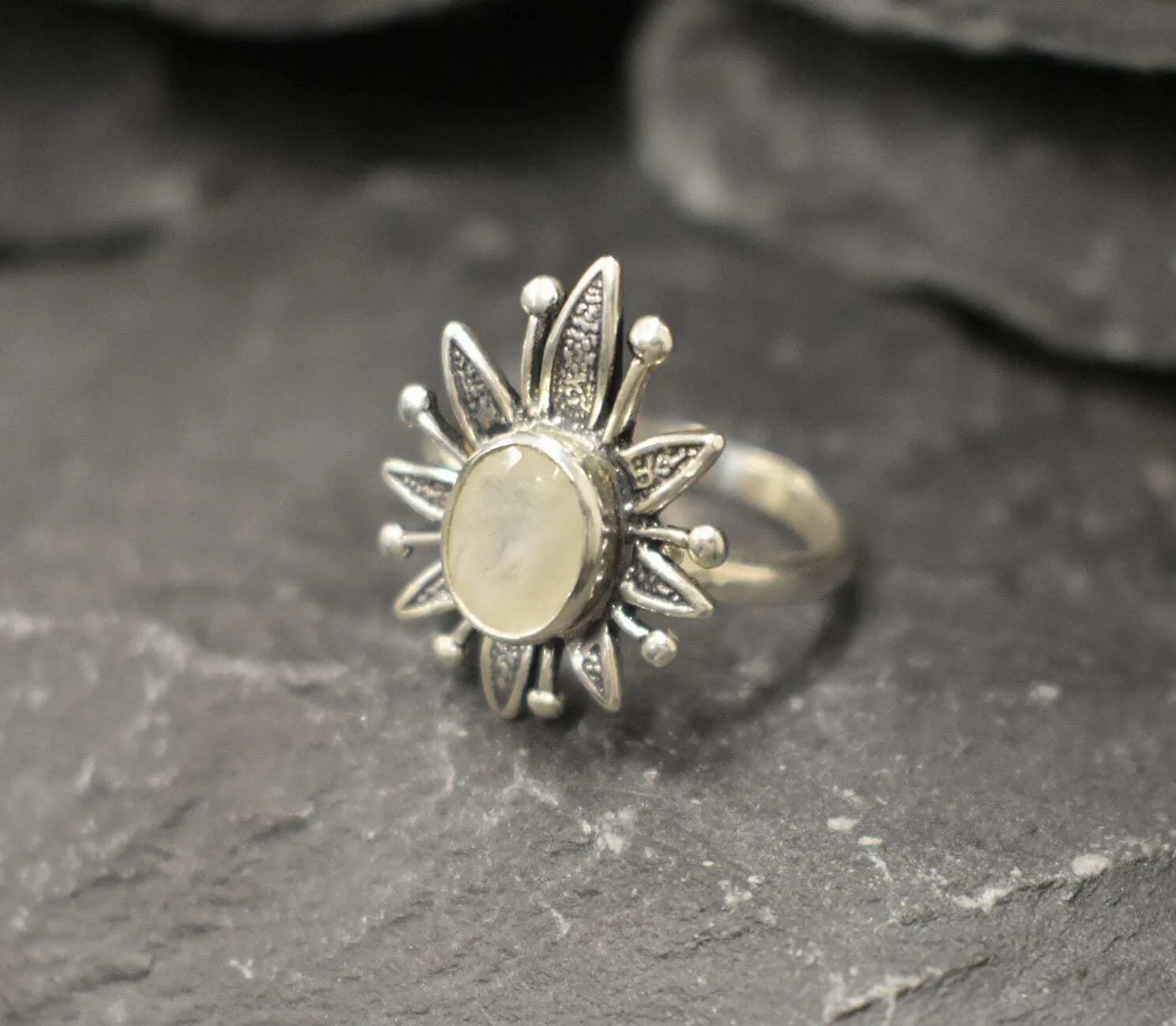 Natural Moonstone Ring - White Flower Ring - Vintage Statement Ring
