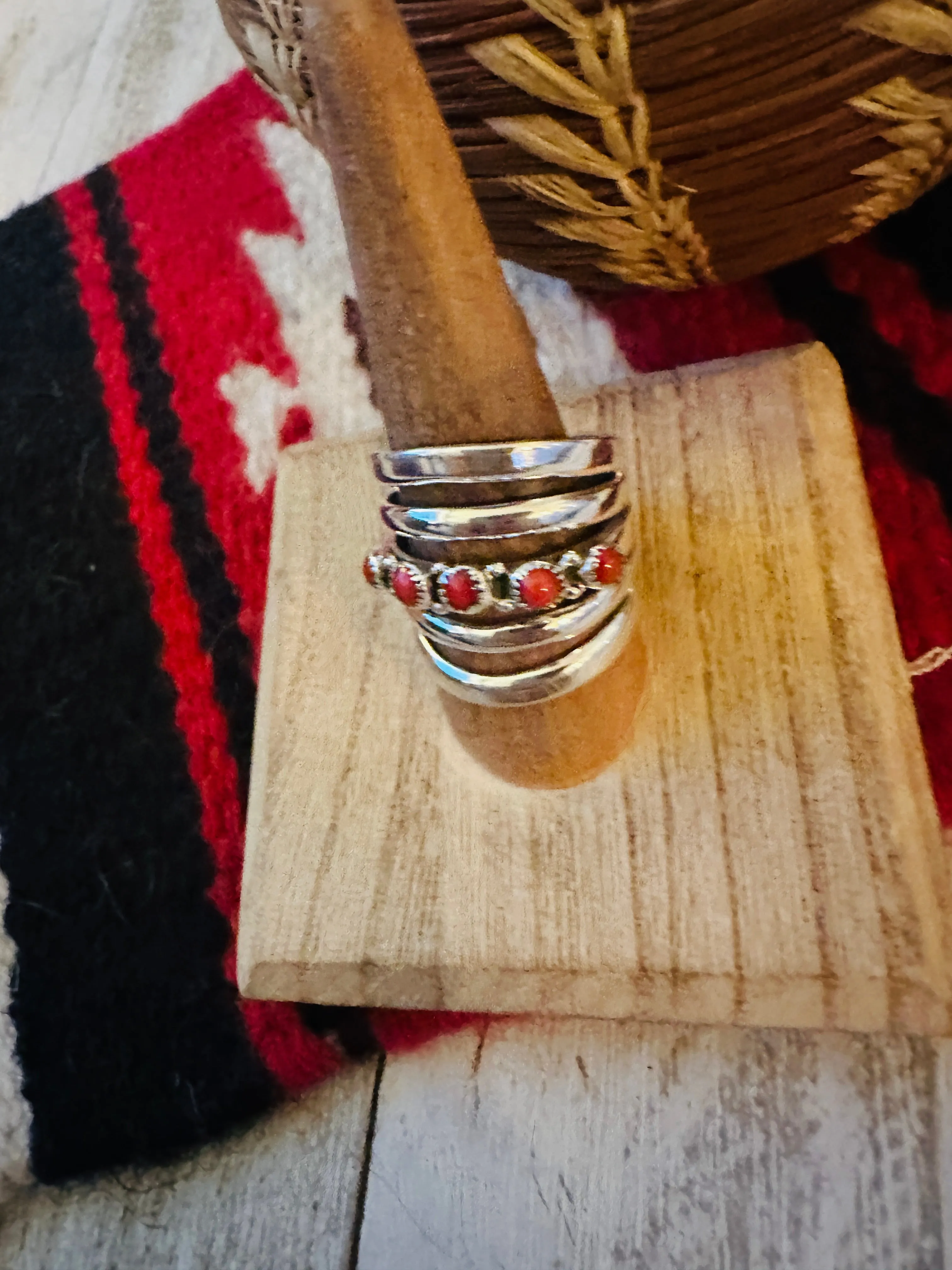 Navajo Coral & Sterling Silver Bar Ring