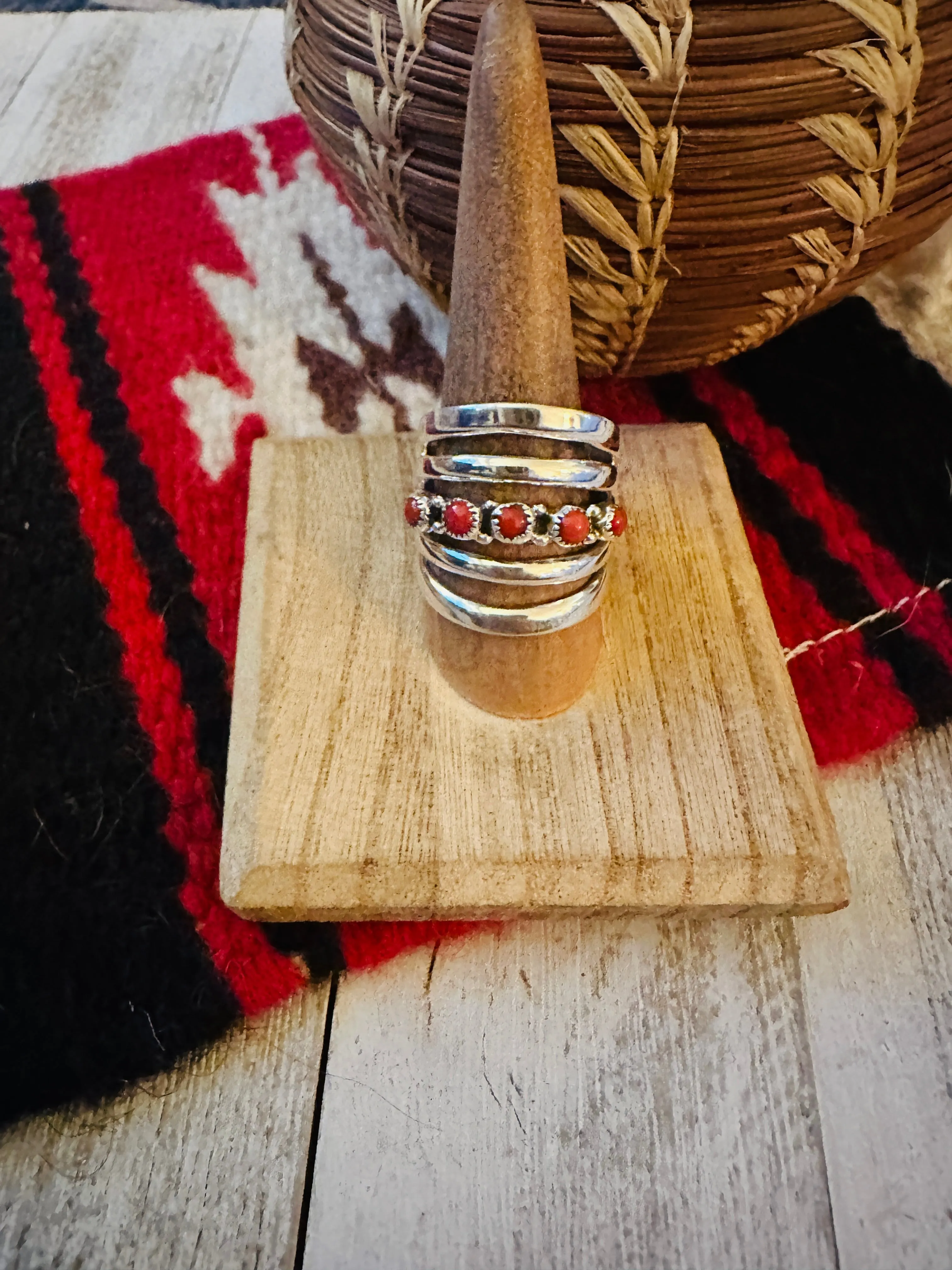 Navajo Coral & Sterling Silver Bar Ring