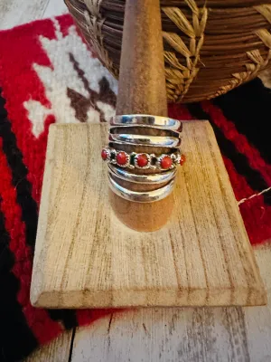Navajo Coral & Sterling Silver Bar Ring