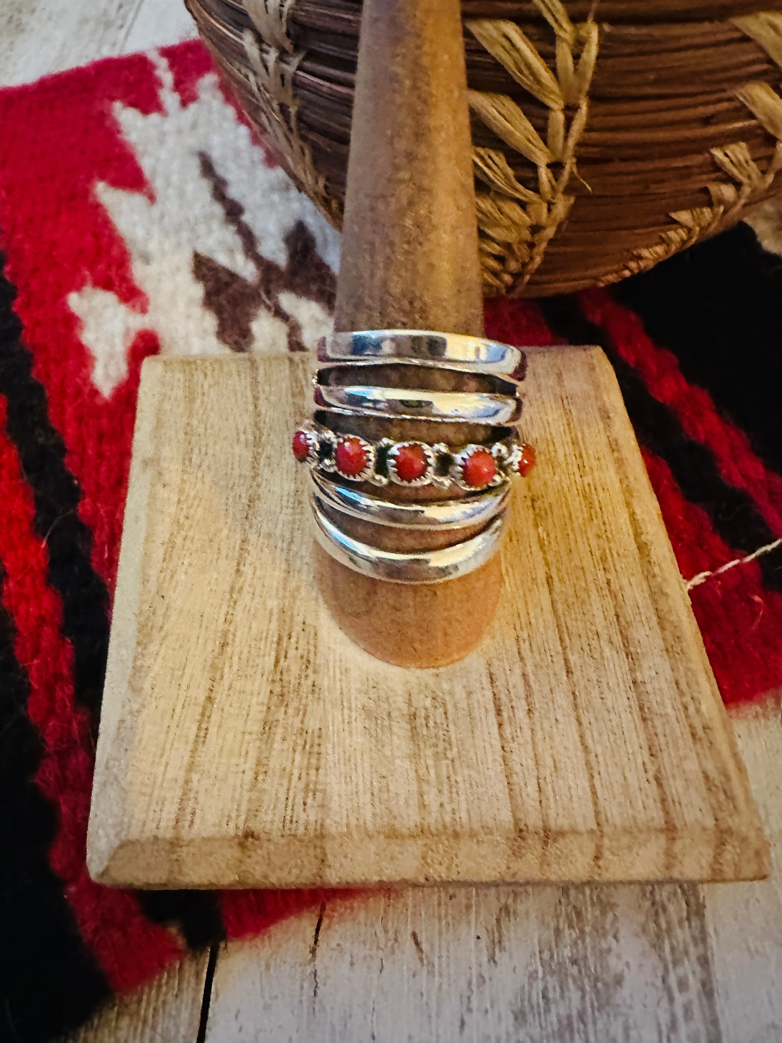 Navajo Coral & Sterling Silver Bar Ring