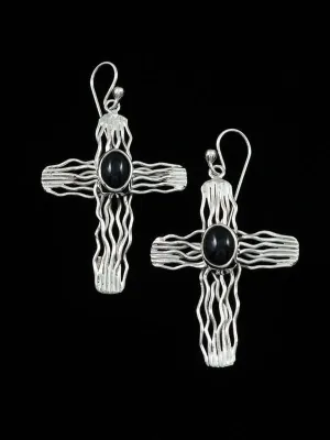Navajo Onyx Sculpted Wire Dangle Cross Earrings