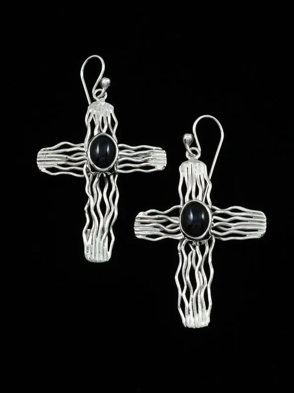 Navajo Onyx Sculpted Wire Dangle Cross Earrings