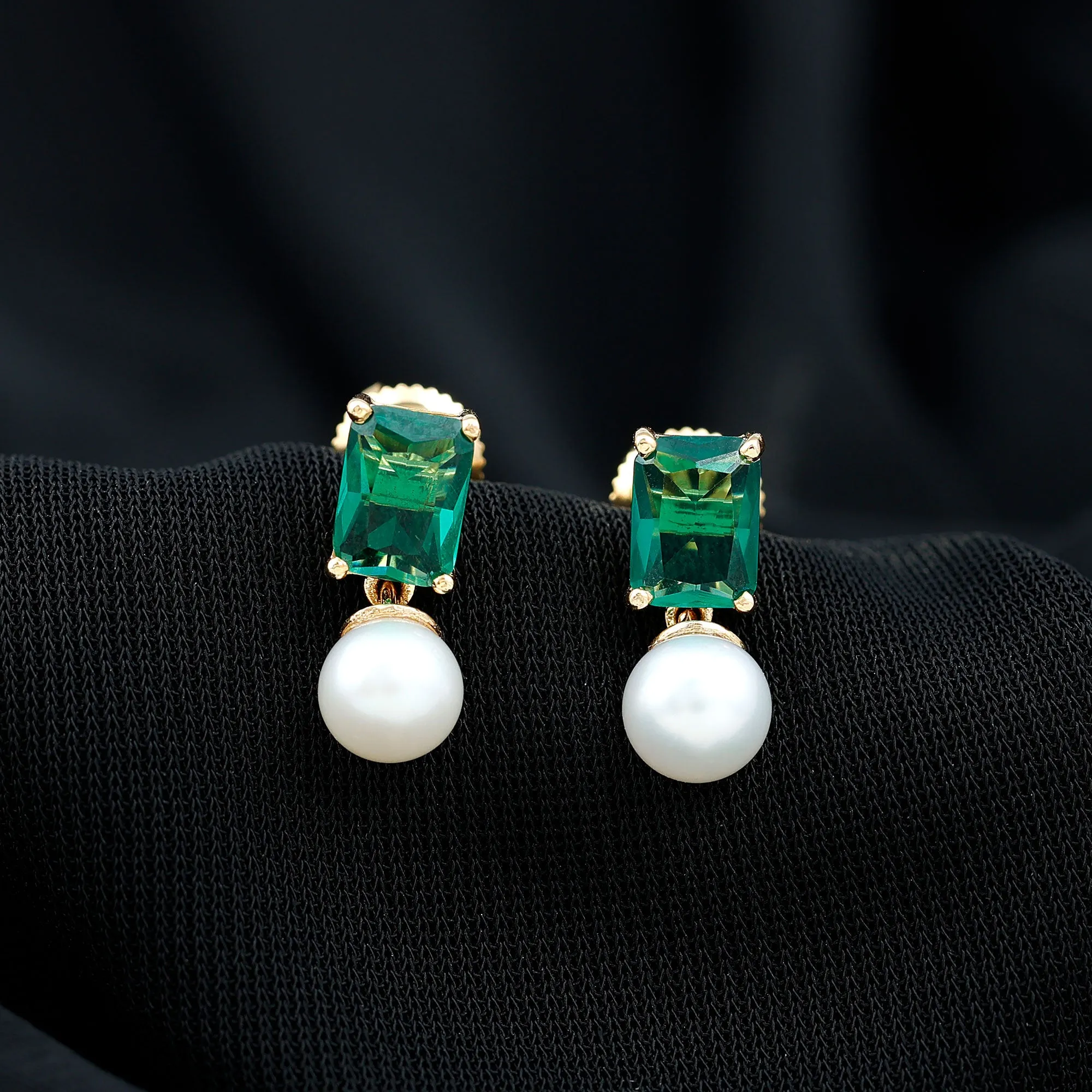 Octagon Cut Created Emerald and Freshwater Pearl Drop Earrings