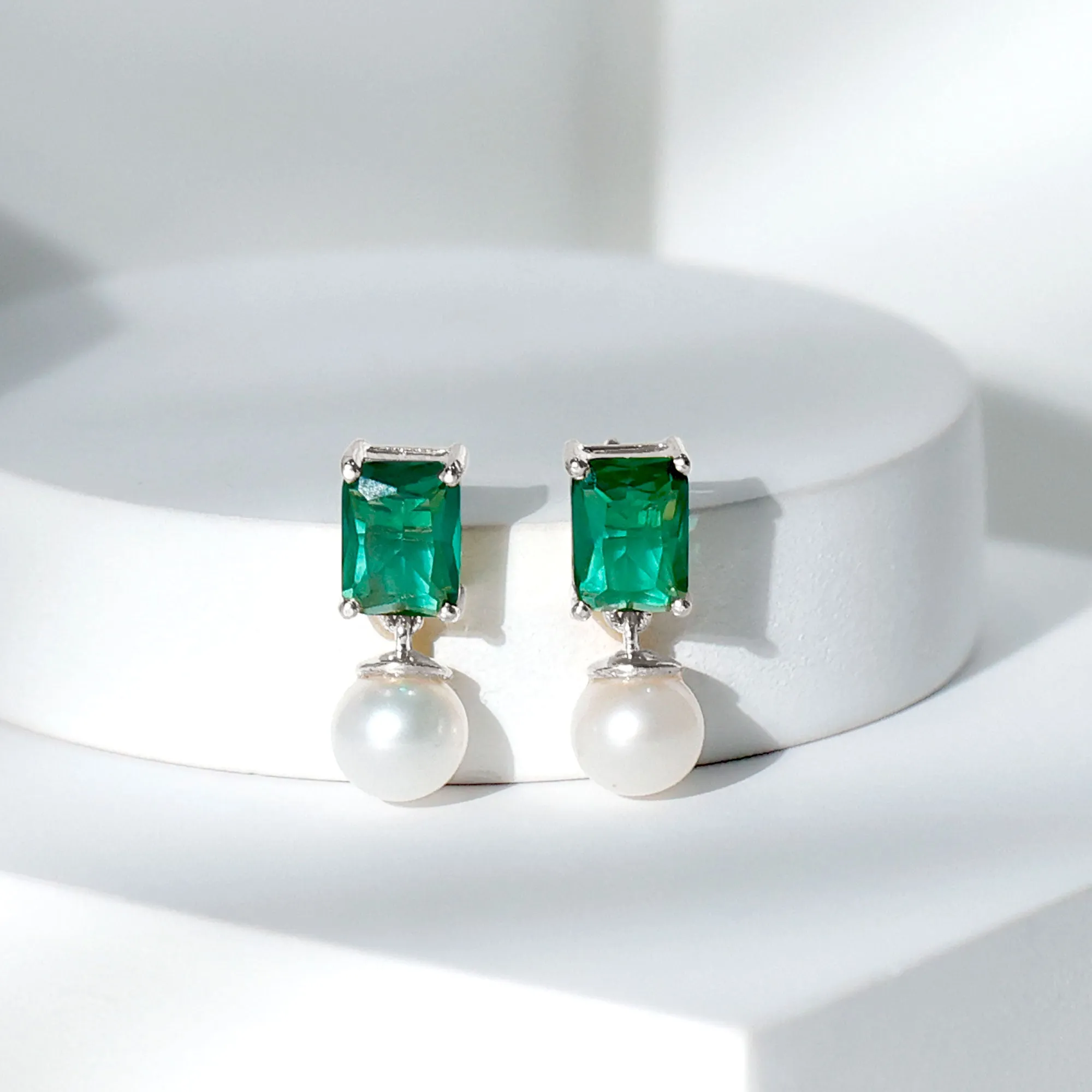 Octagon Cut Created Emerald and Freshwater Pearl Drop Earrings