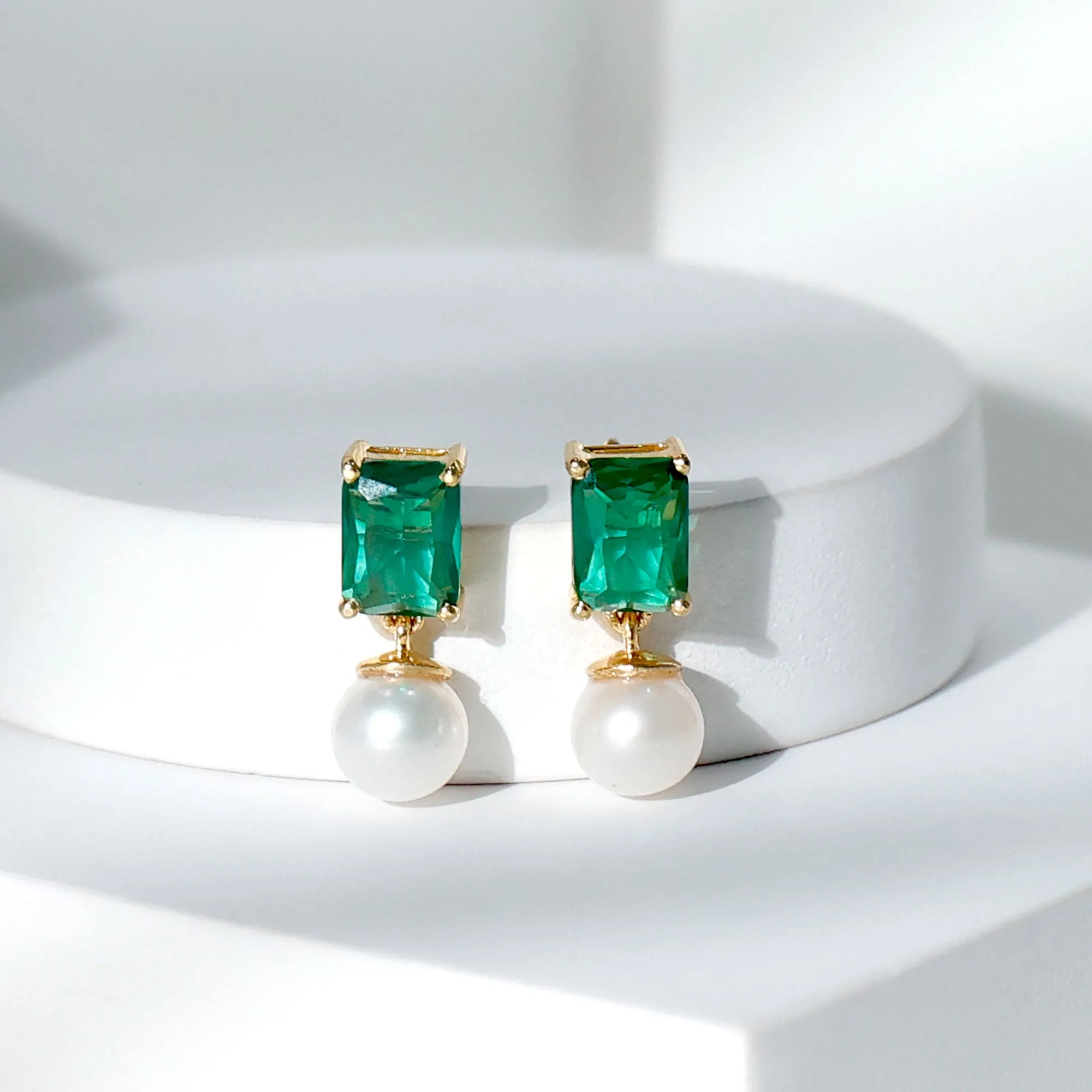 Octagon Cut Created Emerald and Freshwater Pearl Drop Earrings