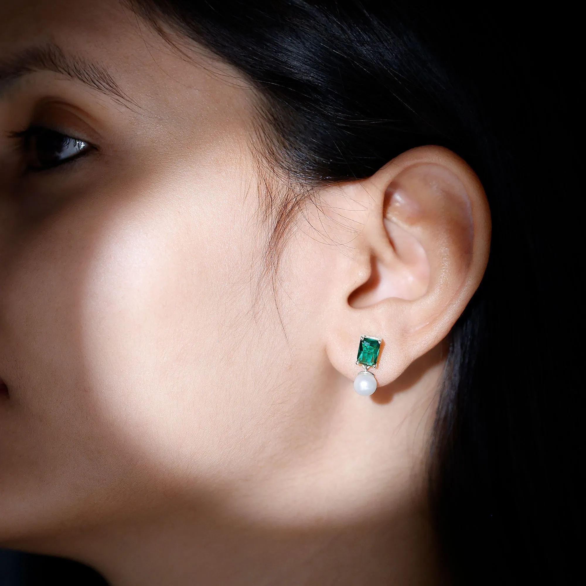 Octagon Cut Created Emerald and Freshwater Pearl Drop Earrings