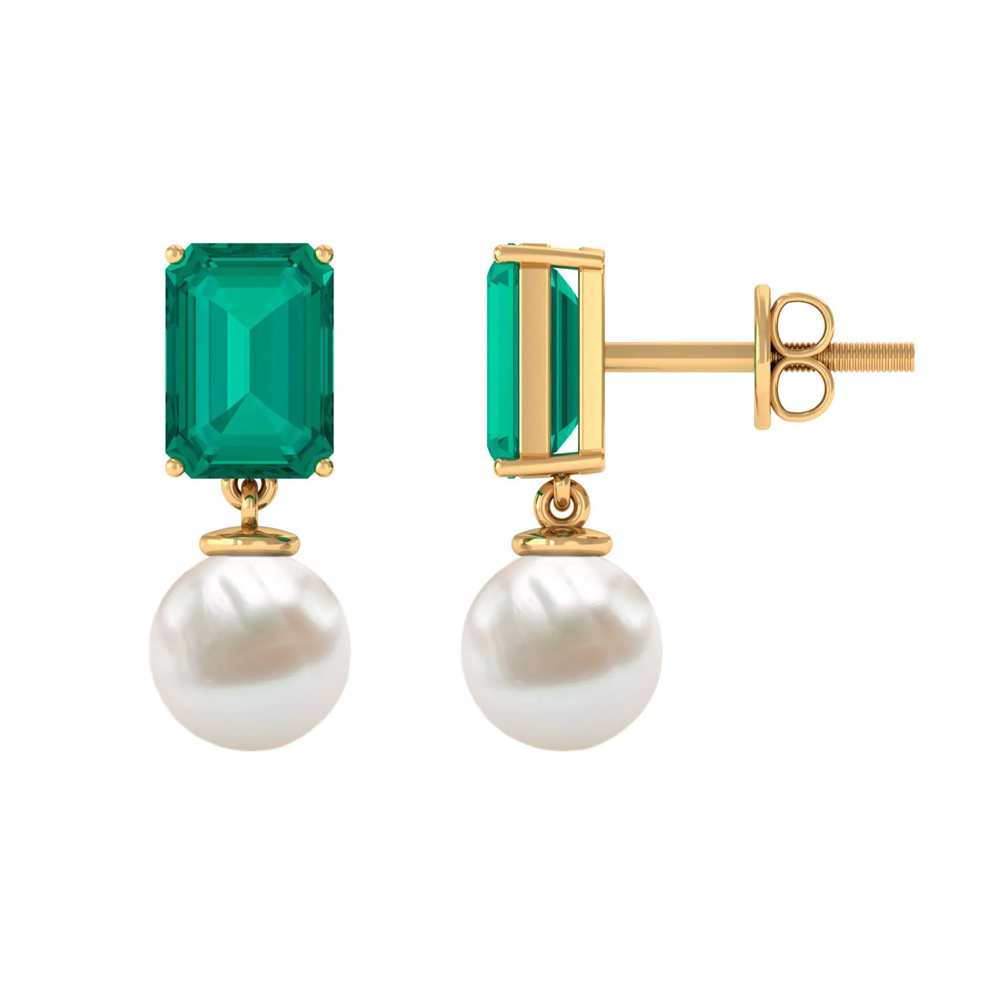 Octagon Cut Created Emerald and Freshwater Pearl Drop Earrings