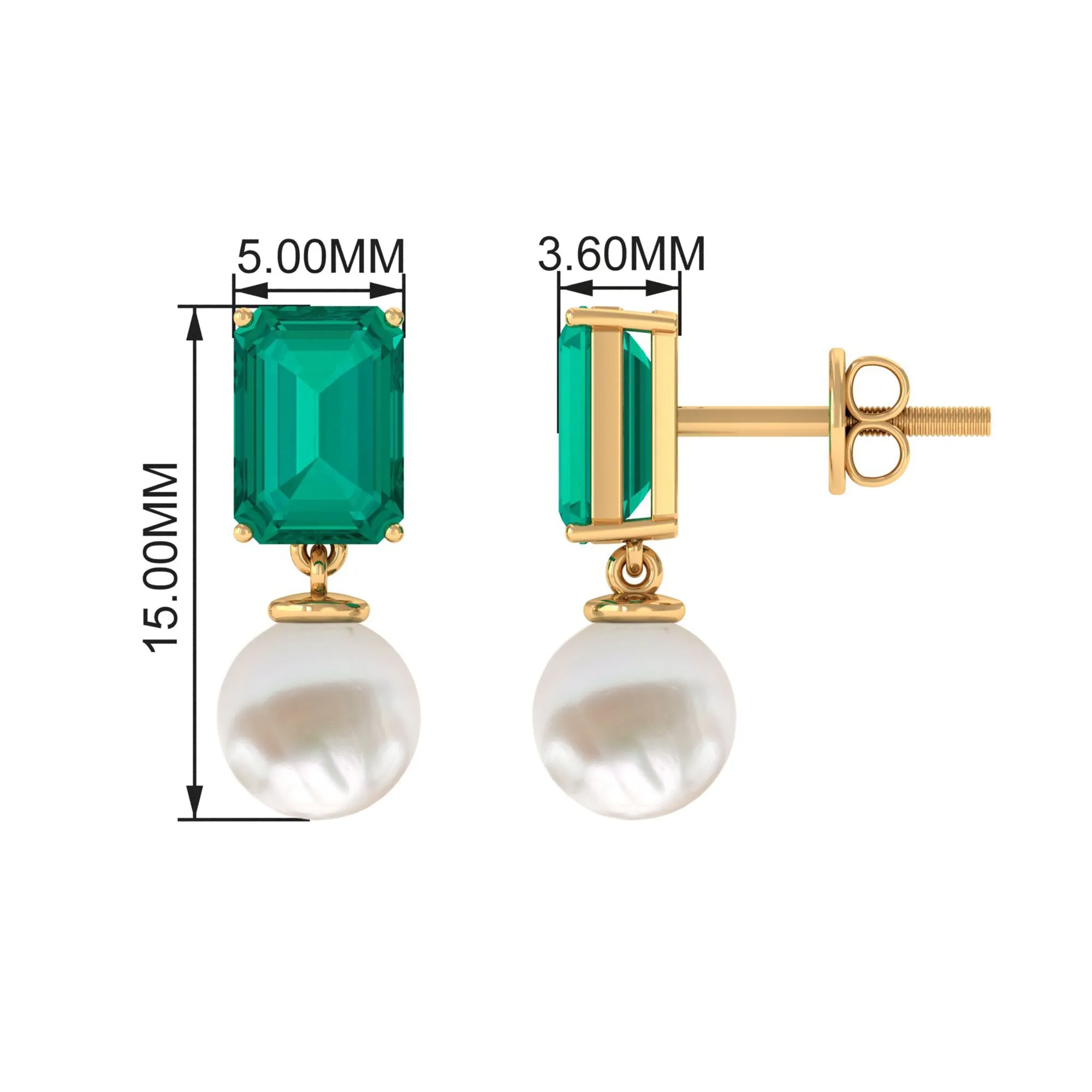 Octagon Cut Created Emerald and Freshwater Pearl Drop Earrings