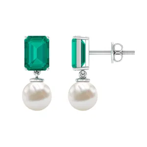 Octagon Cut Created Emerald and Freshwater Pearl Drop Earrings