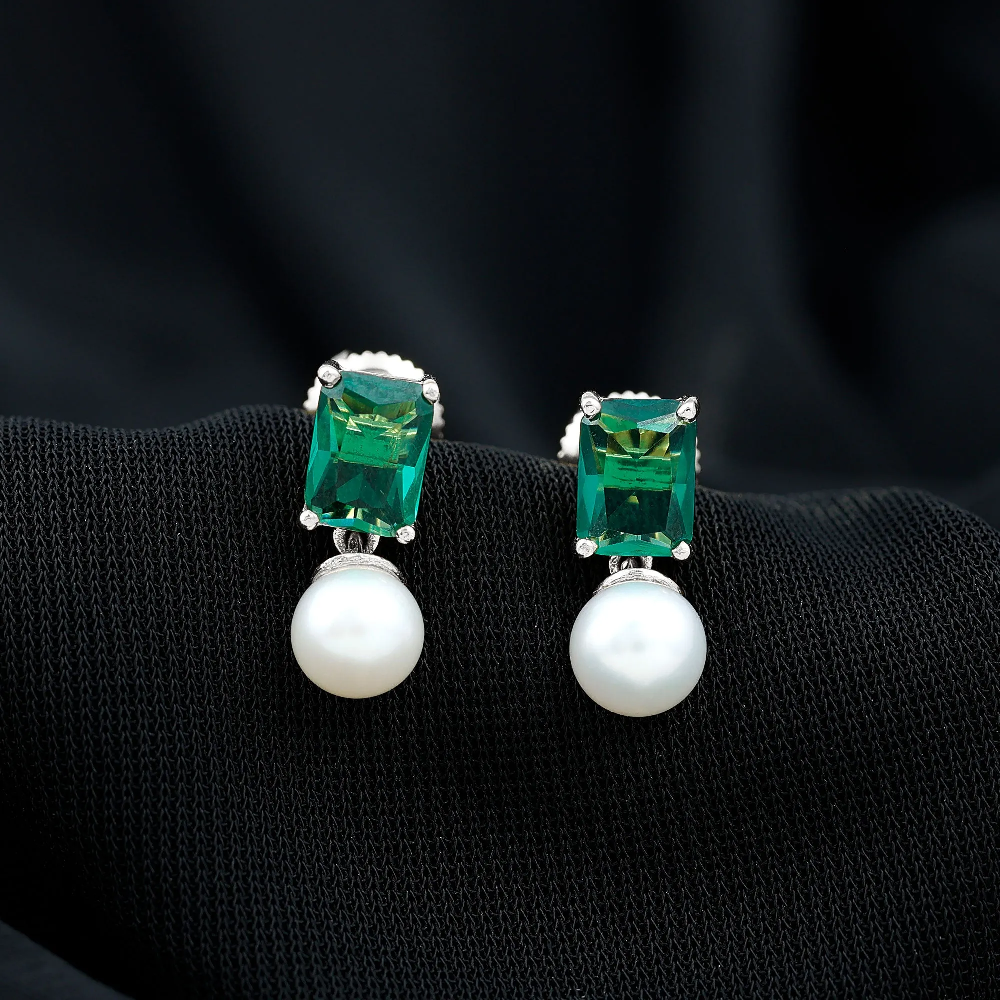 Octagon Cut Created Emerald and Freshwater Pearl Drop Earrings
