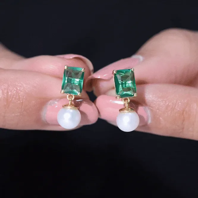 Octagon Cut Created Emerald and Freshwater Pearl Drop Earrings