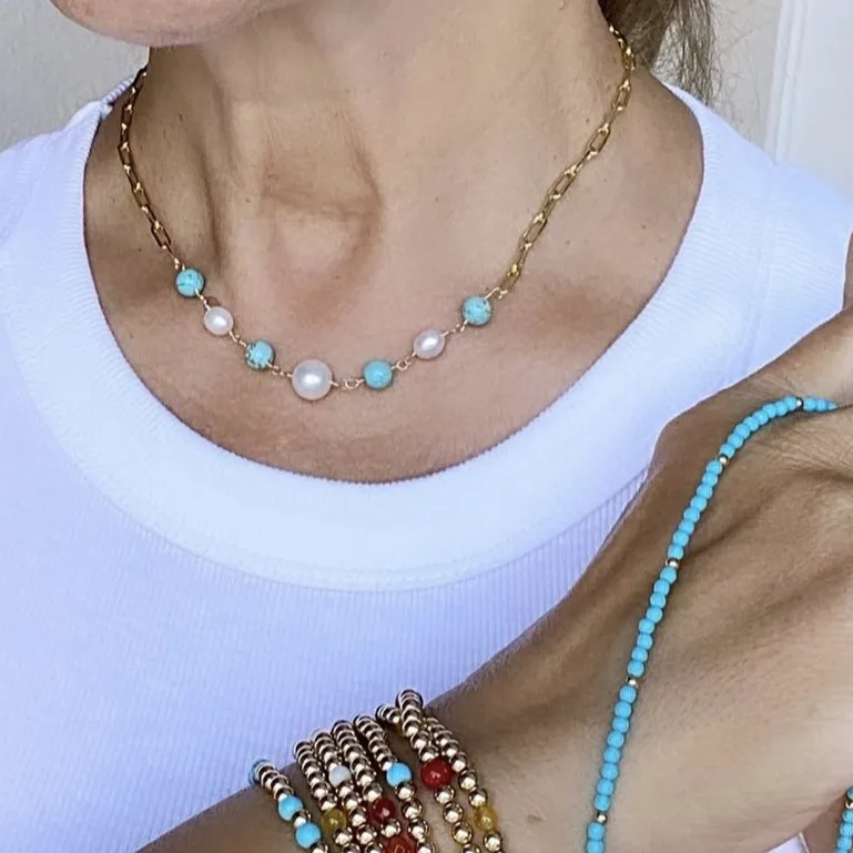 Paperclip Gold Necklace with Gemstones