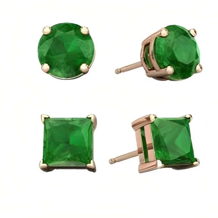Paris Jewelry 18k Rose Gold 2 Pair Created Emerald 4mm, 6mm Round & Princess Cut Stud Earrings Plated