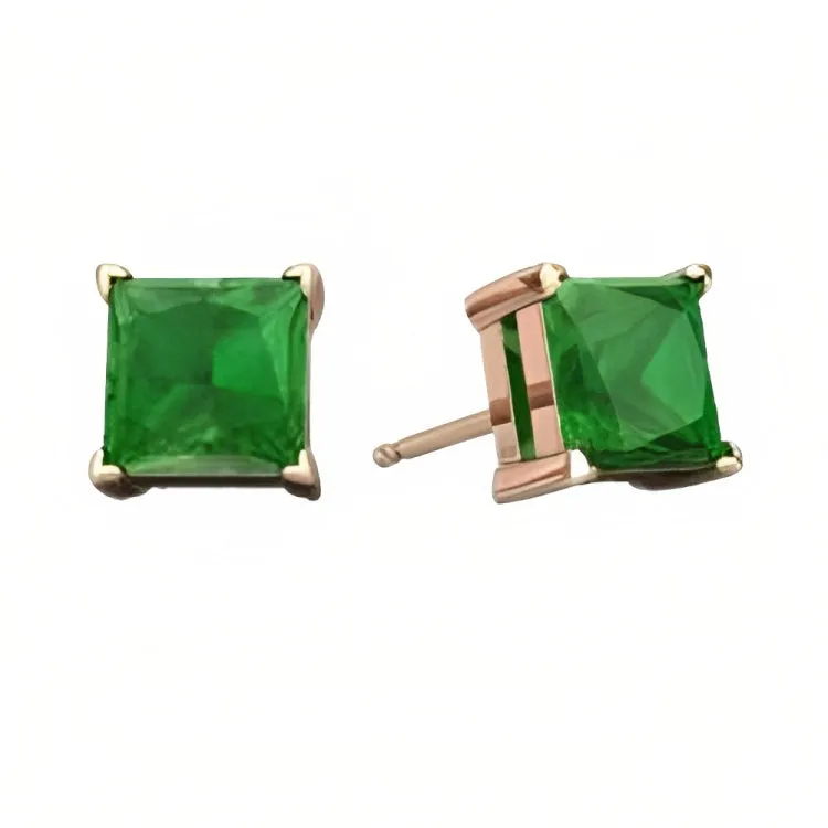 Paris Jewelry 18k Rose Gold 2 Pair Created Emerald 4mm, 6mm Round & Princess Cut Stud Earrings Plated