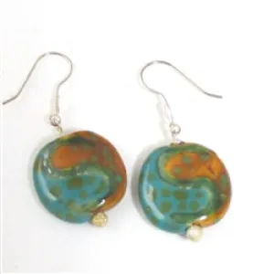 Peacock and Tan Kazuri Bead Earrings