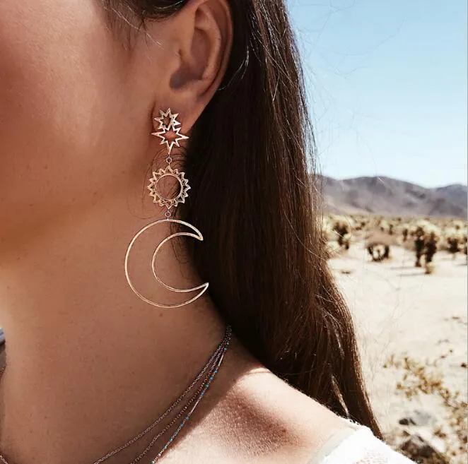 Pentagram Moon Alloy Asymmetric Sun Long Earrings